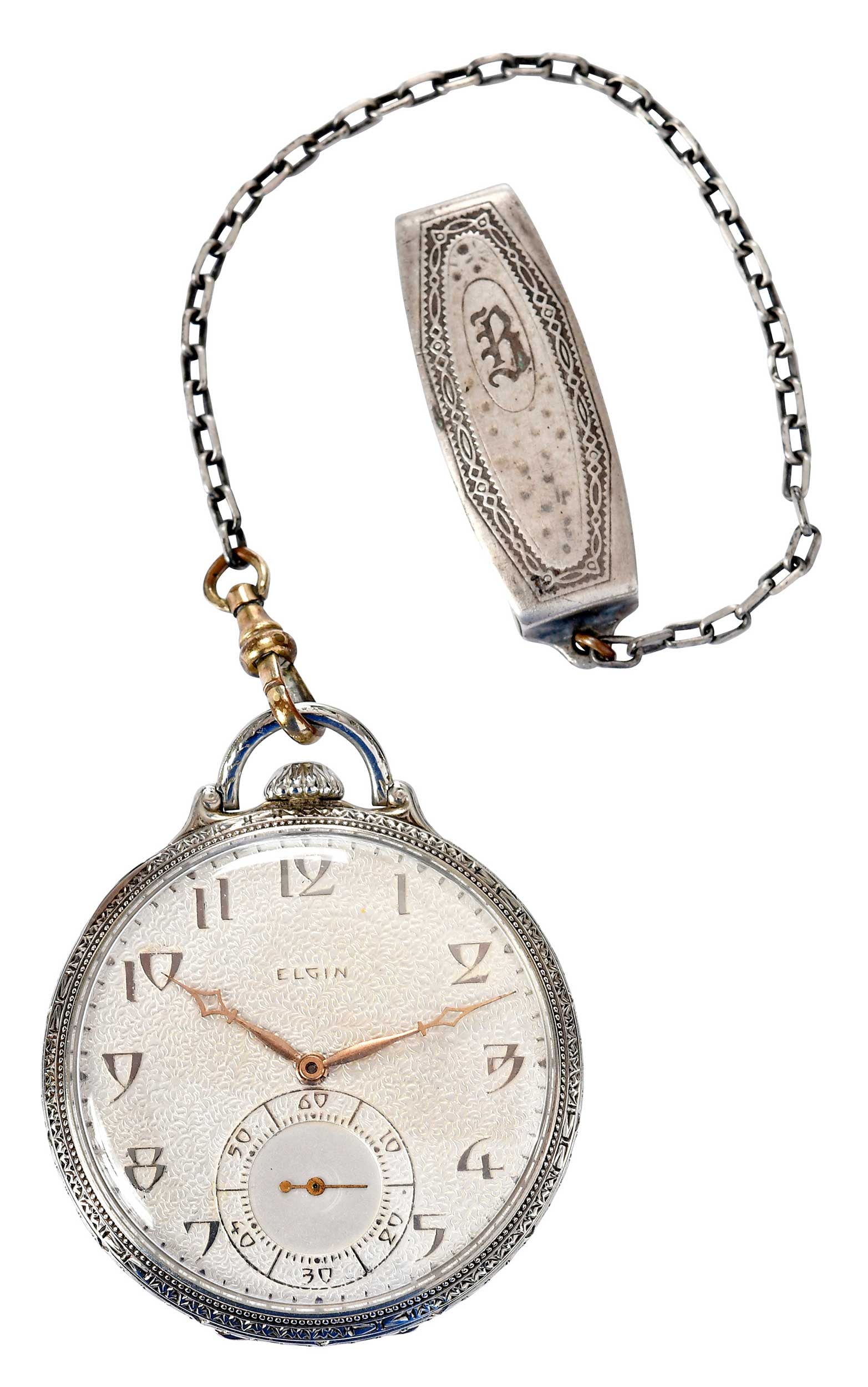14kt. Elgin Corsican Pocketwatch: tendril etched dial, manual wind movement, marked "14 karat, 11797 02", white gold, monogrammed on back, 54.0 g; removable watch chain and fob, marked "Sterling, Hickok Beltogram", 8.6 g Provenance: P