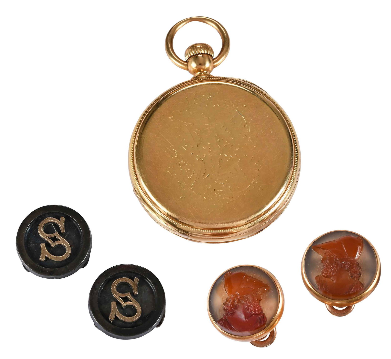 14kt. H.R. Ekegren Pocket Watch with Two Sets of Cufflinks: black Roman numerals, red Arabic numerals outer track, seconds subdial at 6, engraved inside case " HR Ekegren Copenhagen made for JE Caldwell & Co Philadelphia", tests 14kt. yellow gold, 15055 case n
