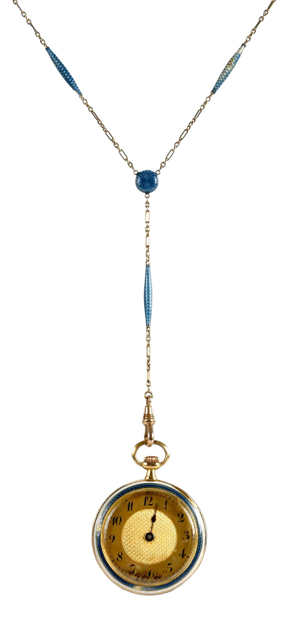 18kt. Guilloche Enamel Diamond Pendant Watch on Chain: circa 1910, rose cut diamonds, blue enamel, 30.0mm, manual wind movement, marked "18, 75, GS", yellow gold, engraved "HA Didisheim, Swiss, 417422", removable blue enamel watch chain, marked "14k", yel