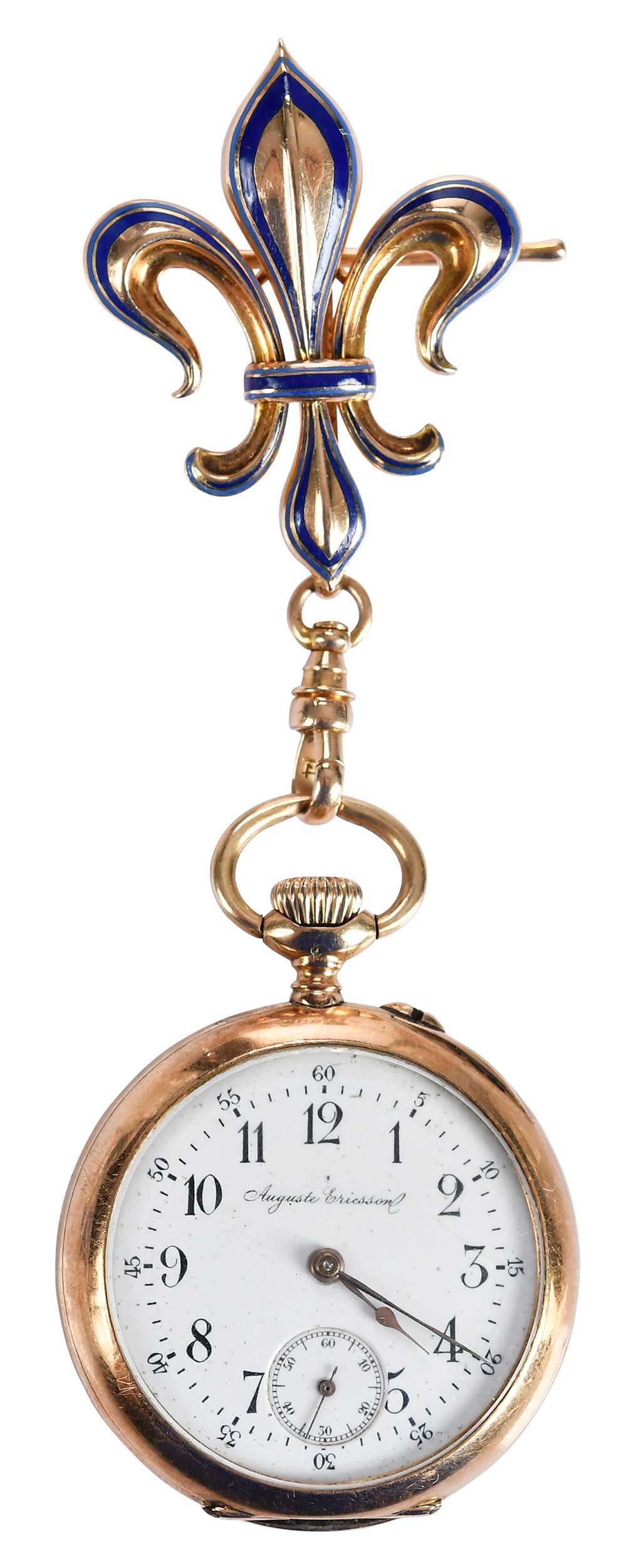 14kt. Enamel Pocket Watch with Fleur de Lis Watch Brooch (1 of 6)