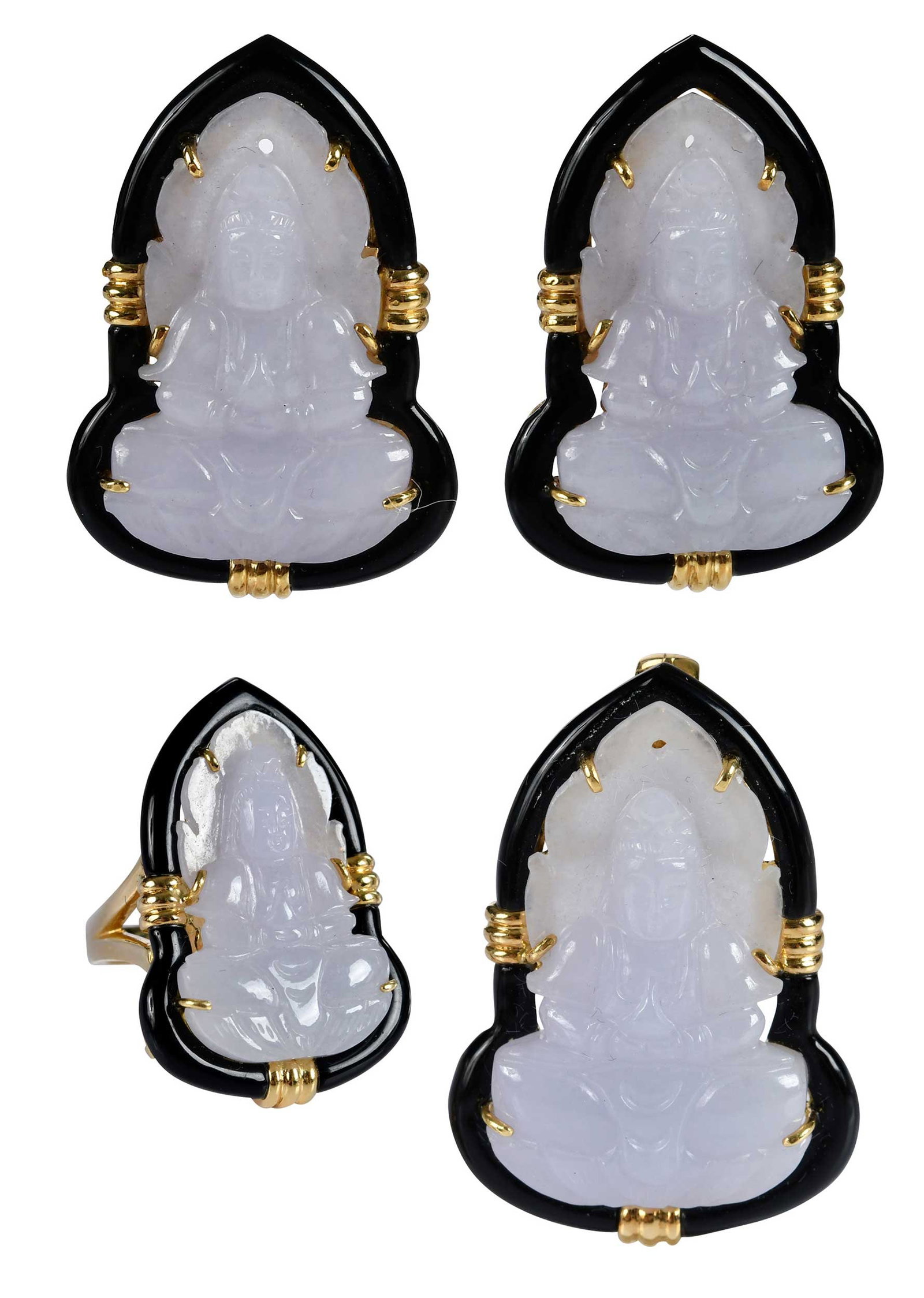 18kt. Carved Lavender Jade and Black Onyx Suite; Ring, Pendant, and Earrings: comprising: carving of Guanyin, framed with black onyx, marked "18K, 750", yellow gold; ring, 1-3/8 in. length, 8-1/4 ring sz.; pendant, 1-5/8 in. length, omega bail; earrings, 1-5/8 in. length, clip-