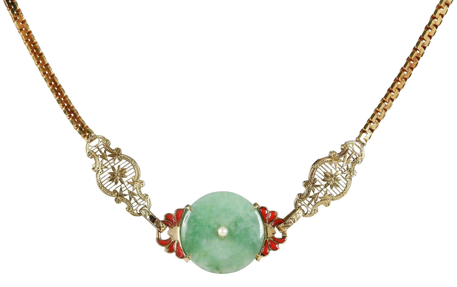 14kt. Asian Jade Disc, Coral and Pearl Accent on Chain: green jadeite jade, 17.0mm diameter, coral accents, seed pearl, chain is marked "585, 14k" yellow gold, 23 in. length, 17.7 g Provenance: Private Collection Note: These items tested as Jadeite on the 