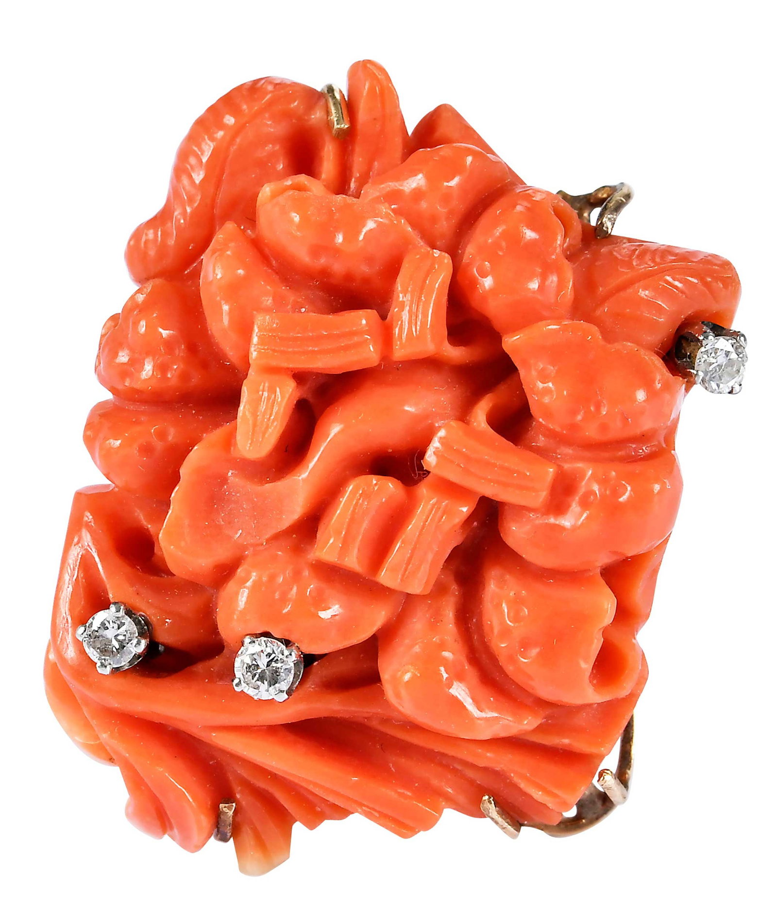 14kt. Vintage Carved Coral and Diamond Ring: three round full cut diamonds, carved red coral, marked "14K", yellow gold, 6-3/4 ring sz., 11.1 g Provenance: Private Collection Note: This piece contains natural coral subject to strict state, feder