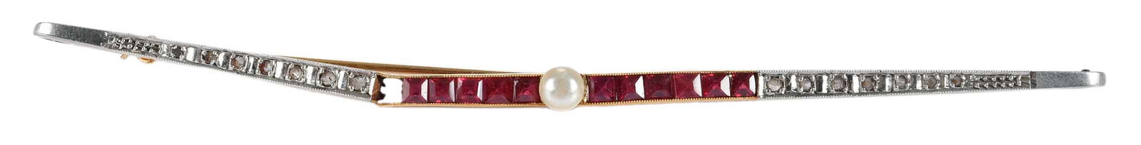 18kt. Ruby Diamond Bar Brooch: center seed pearl, flanked by caliber-cut rubies, old cut diamond accents, marked with eagle head hallmark, tests 18kt. yellow gold, 4 in. length, 6.1 g Provenance: Private Virginia Collection Note: B