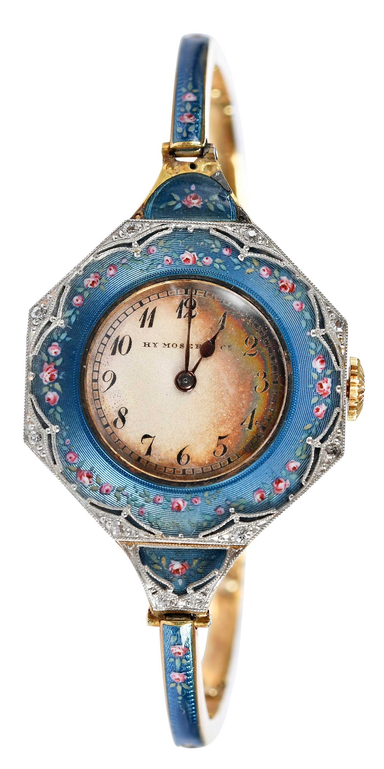 18kt. Moser Diamond and Enamel Russian Watch in Original Case: 25.0mm, octagonal case, old cut diamonds, blue with floral design champleve enamel, manual winding, marked "18ct, 17460, 0.750", yellow gold, inside measurement 6 in., total weight 80.6 g Provenance: 