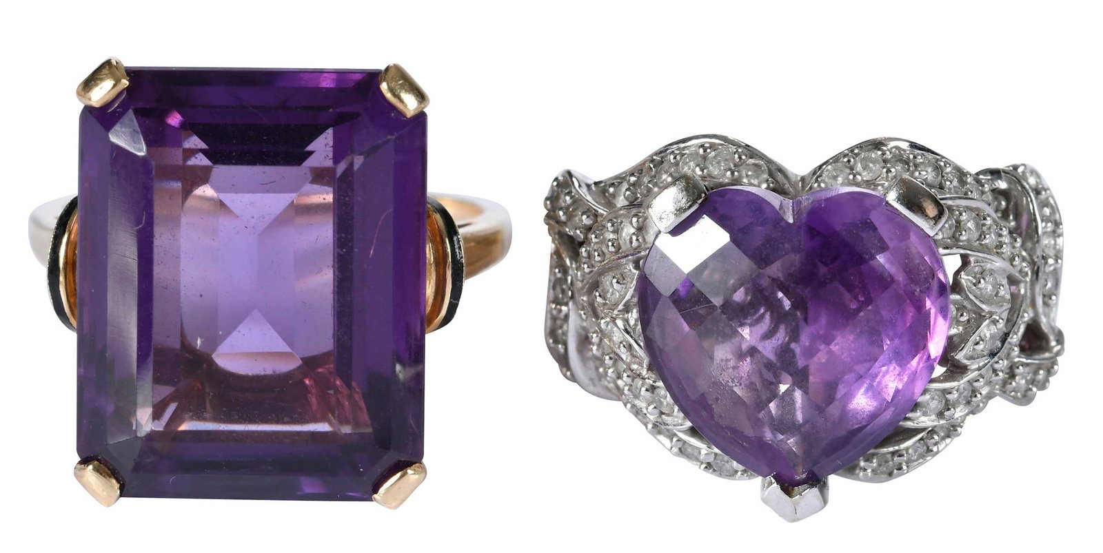 14kt. Fashion Amethyst Rings with Diamonds and Enamel: heart shape checkerboard amethyst, approx. 12.0x12.0mm, round single cut diamonds, marked "14k, China", white gold, 9-1/4 ring sz., 6.9 g; emerald cut amethyst, approx. 18.5 x15.0mm, flanked by black 