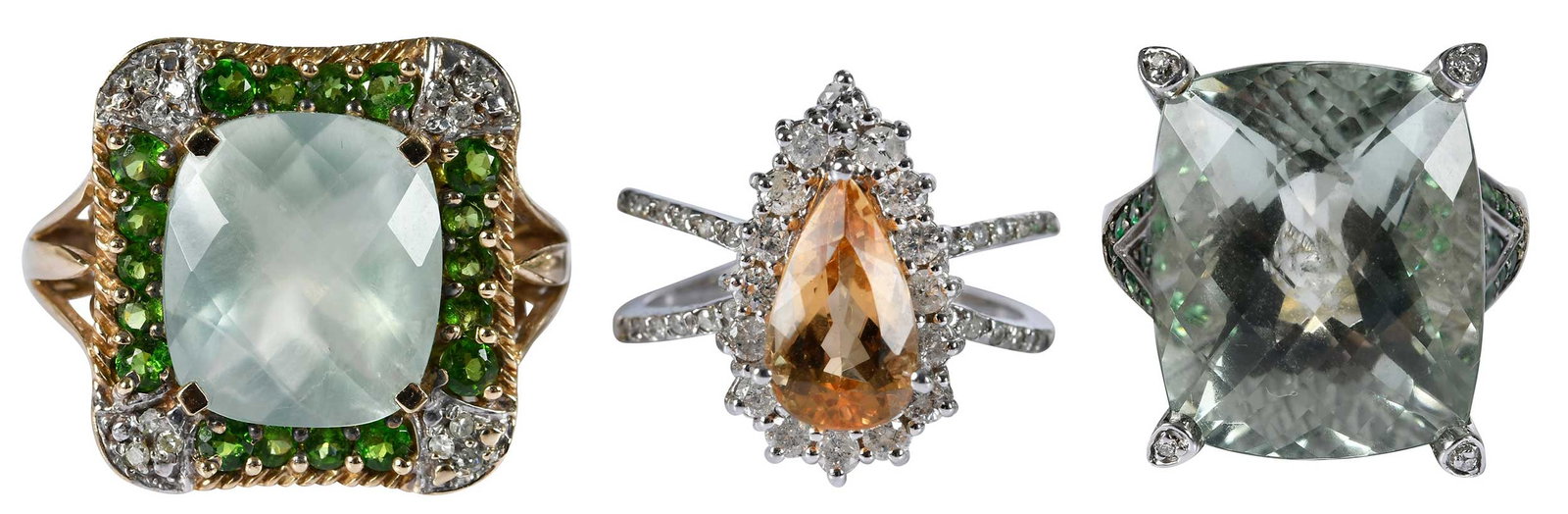 Three Gold Quartz and Gemstone Fashion Rings: rectangular checkerboard faceted prasiolite, approx.18.0 x 15.0mm, round faceted tsavorite, round faceted diamonds, marked "14k", white gold, 8 ring sz.; cushion checkerboard faceted prasiolite, appro