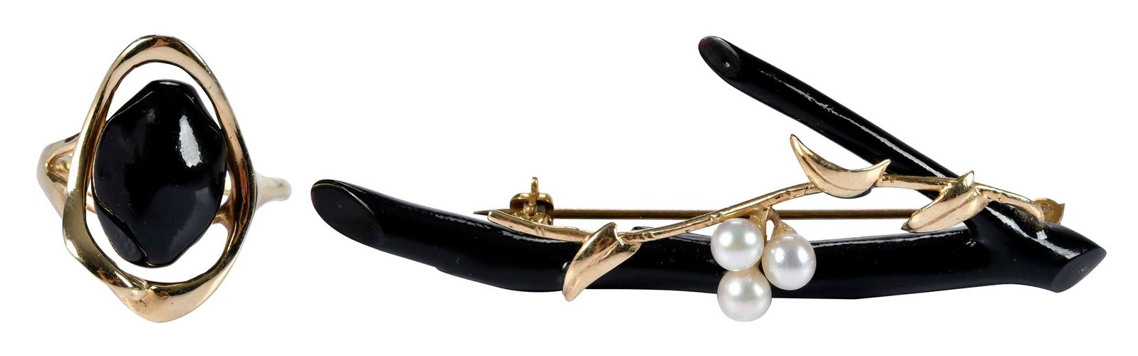 14kt. Black Coral Ring and Brooch Set: comprising: brooch, three round pearls, black coral branch, marked "14K", yellow gold, 2-1/4 in. length, 3.2 g; ring, oval cabochon cut black coral, marked "14K", yellow gold, 6-1/2 ring sz., 3.6 g Pr