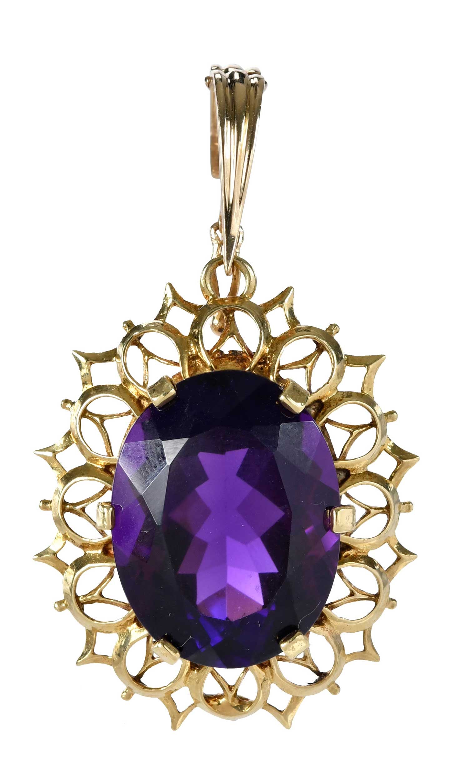 18kt. Amethyst Filigree Pendant: oval faceted amethyst, approx. 20.0 x 15.0mm, tests 18kt. yellow gold, 1-3/4 x 1 in. overall design, omega bale, 8.3 g Provenance: Private Collection Note: Brunk Auctions makes no warranty or guarante