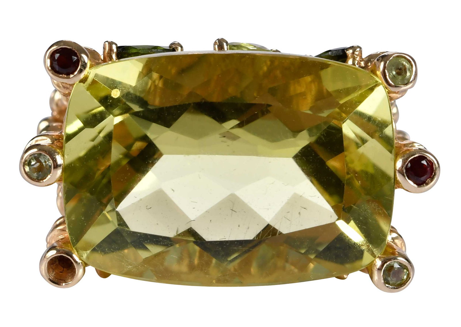 14kt. Lemon Quartz and Tourmaline Accented Ring: radinat mixed cut faceted lemon quartz, approx. 20.0 x 14.0mm, marquise and round faceted assorted green tourmaline accents, marked "14K, China, Meda", yellow gold, 9-3/4 ring sz., 9.8 g Provenance: P