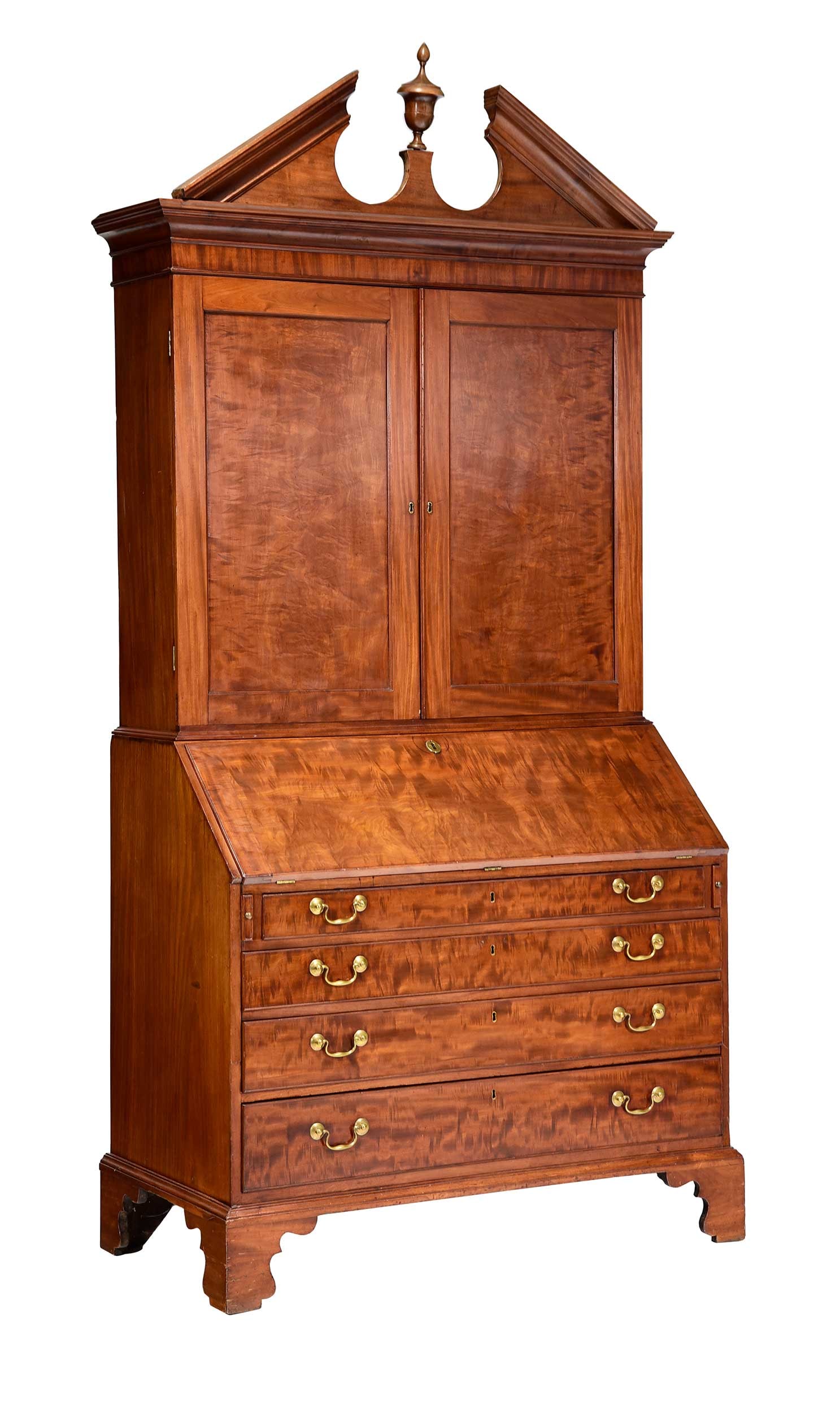Virginia Chippendale Highly Figured Mahogany Bookcase and Desk, MESDA Documented: attributed to Petersburg, Virginia, 1775-1790, exceptionally figured mahogany veneers, top section with adjustable shelved interior, lower section fitted interior with prospect door and document