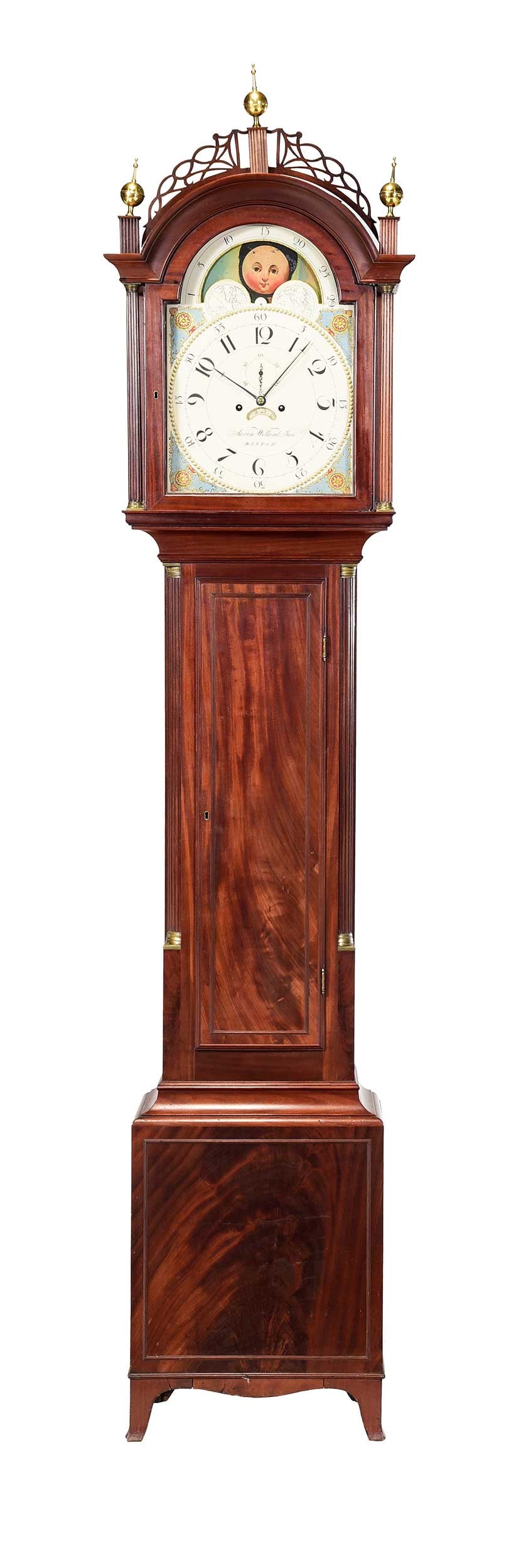 Rare Labeled Richmond, Virginia Retailed Aaron Willard Federal Tall Case Clock: Massachusetts, 1800-1810, movement with second and day of the month features, moonphase painted with pastoral and nautical scenes, paint decorated dial inscribed with "Aaron Willard Jun'r / Boston",