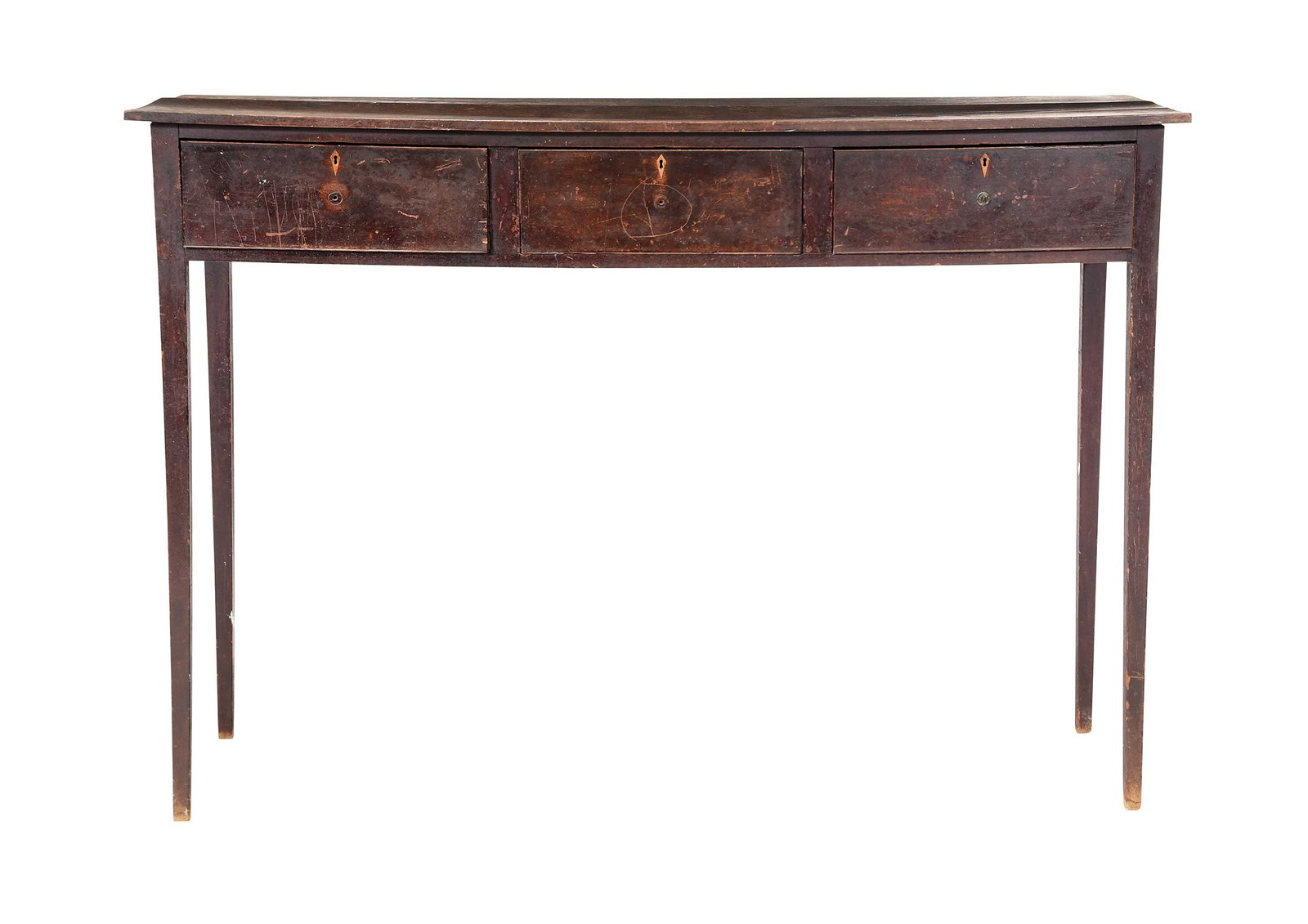 Exceptional Georgia Attributed Huntboard in Original Surface: early 19th century, early and probably original dry surface, three dovetailed drawers with applied beaded edges, kite inlaid escutcheons, unusually long square tapered legs, yellow pine secondary,