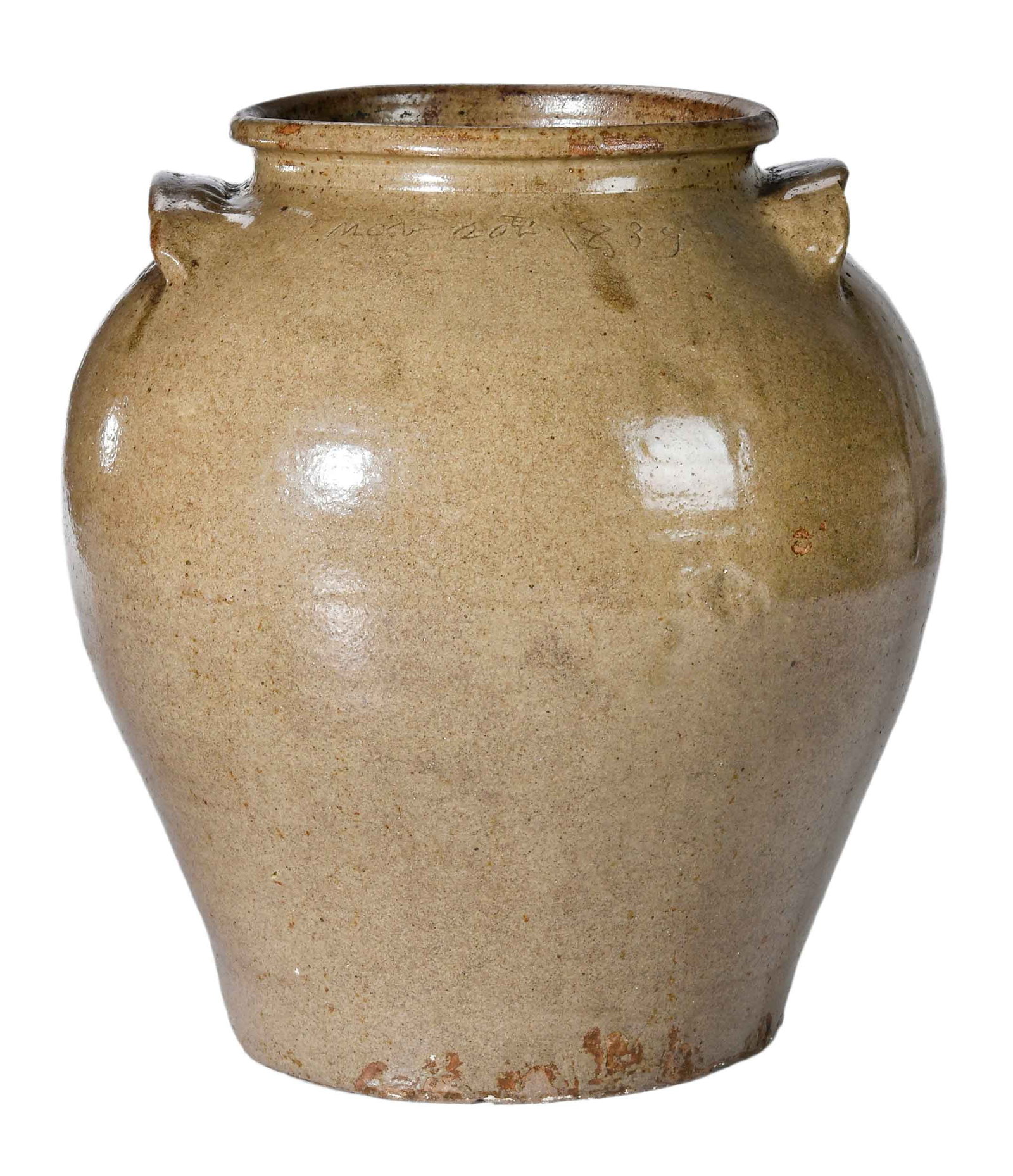 Rare Early Six Gallon Exhibited Dave Drake Attributed Edgefield, South Carolina 1839 Dated Stoneware: Edgefield District, South Carolina, attributed to Dave Drake at the Pottersville Manufactory, greenish tan alkaline glaze, some greenish glaze drips down from handles and shoulder, tapered bulbous