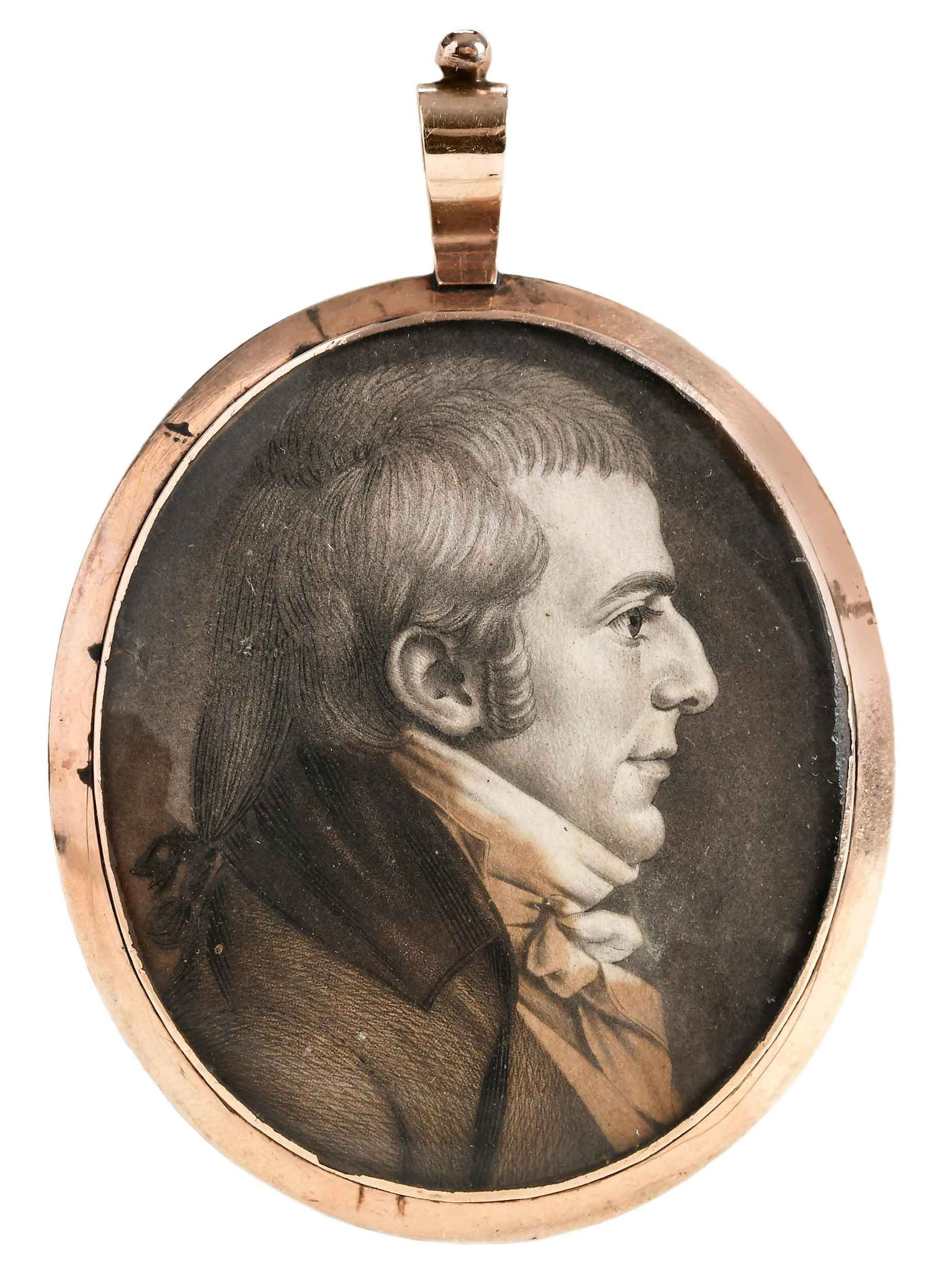 Virginia Portrait Miniature by Charles-Balthazar-Julien Fevret de St. Memin: (American/Virginia, 1770-1852) Double Sided Locket with Portrait of Louis Hue Girardin (1771-1825), 1807, engraving on paper, sight 1-3/4 x 1-1/2 in.; verso, Marriage Portrait of Couple Walking,