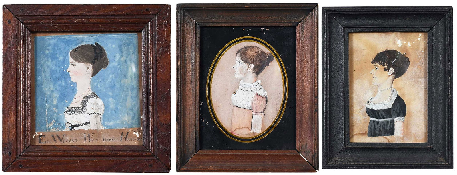 Three Early Virginia attributed Watercolors of Young Women: (American, late 18th/ Early 19th Century) Three Young Women in Profile, watercolor on paper, not visibly signed, one inscribed "E Wright was born November ... 1787"; 4-3/4 x 4-3/4, 5 x 3-1/2 in., 6 x