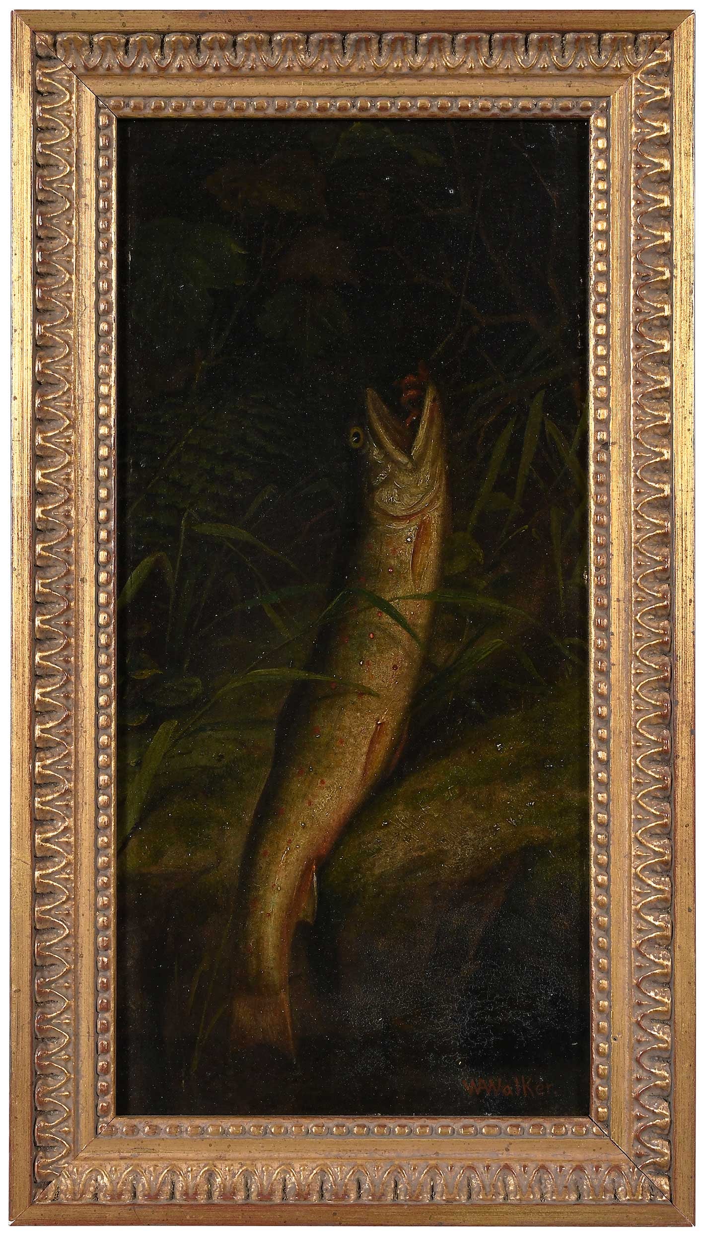 William Aiken Walker: (American/South Carolina, 1839-1921) Brook Trout, signed lower right "WAWalker", oil on panel, 6-1/45 x 12-1/2 in.; modern wood frame,14-1/2 x 8-1/4 x 2 in. Provenance: Property from a Virginia