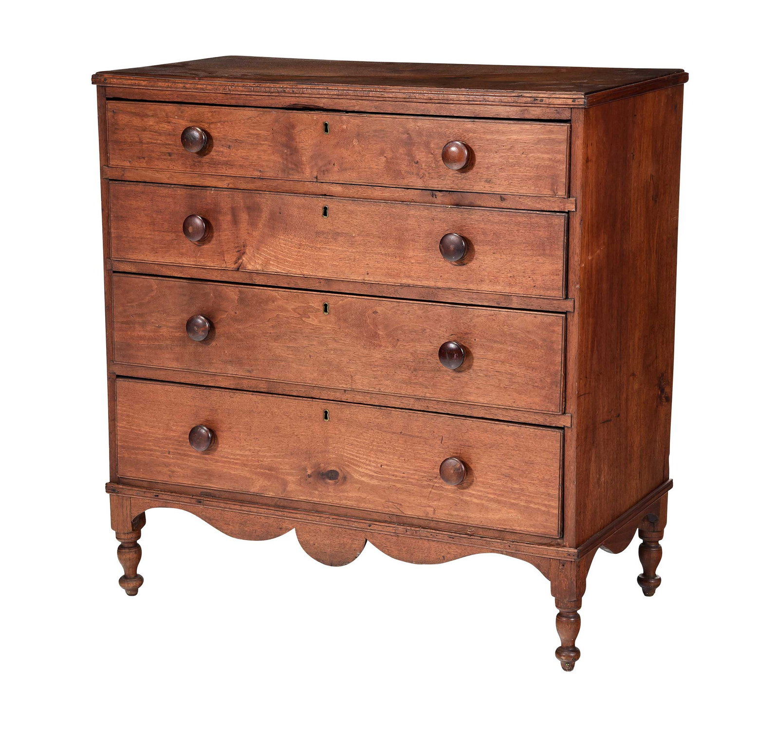 Southern Federal Walnut Chest On Frame: probably Piedmont, North Carolina, circa 1830, scratch beaded drawers, yellow pine secondaries, 40-1/2 x 39 x 20 in. 