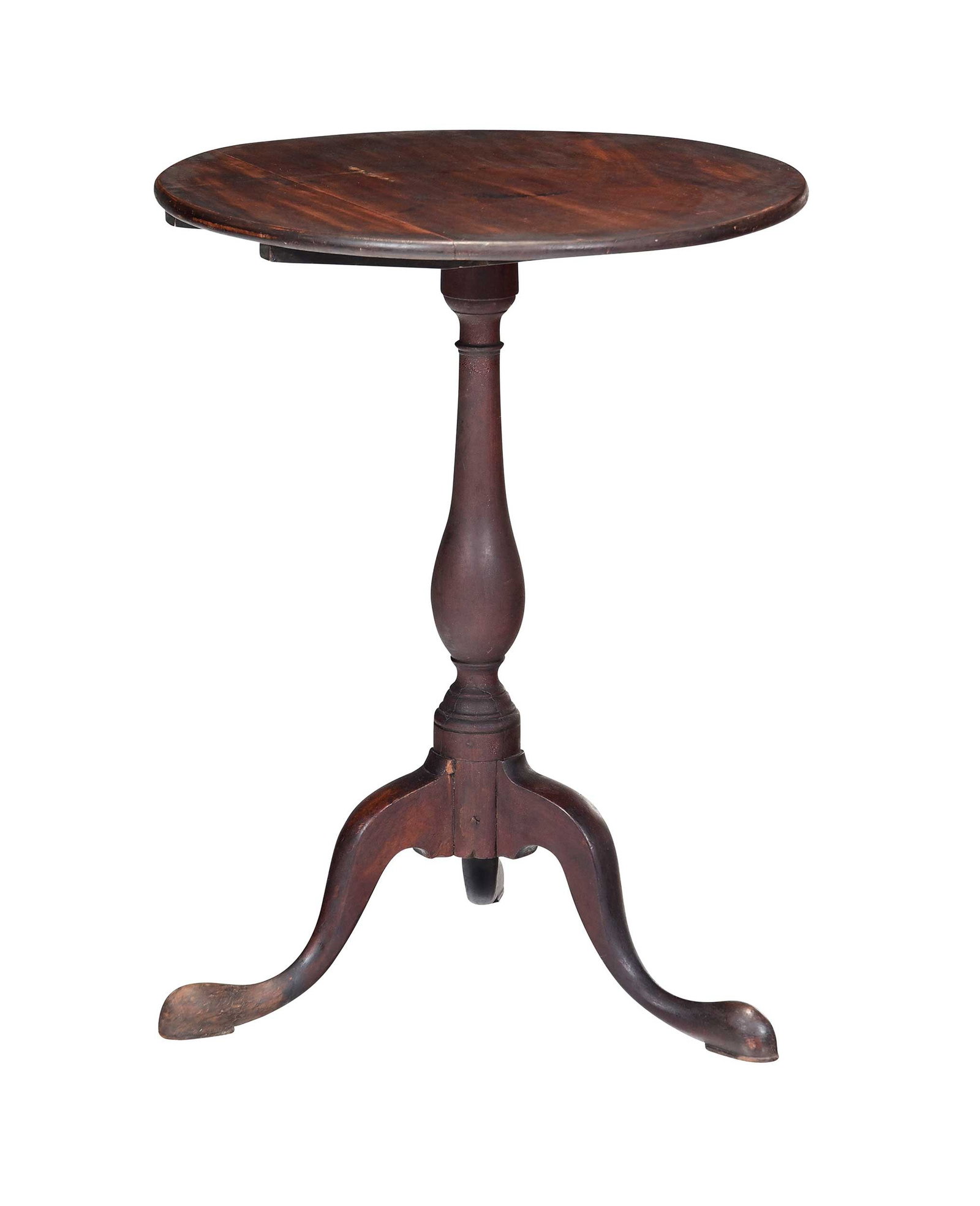Southern Queen Anne Mahogany Candle Stand: attributed to Coastal North Carolina, 18th century, early and dry dark surface, circular top, urn turned support, tripod base with snake feet, 28 x 21-3/4 x 21-1/4 in. Provenance: Brunk Auctions,