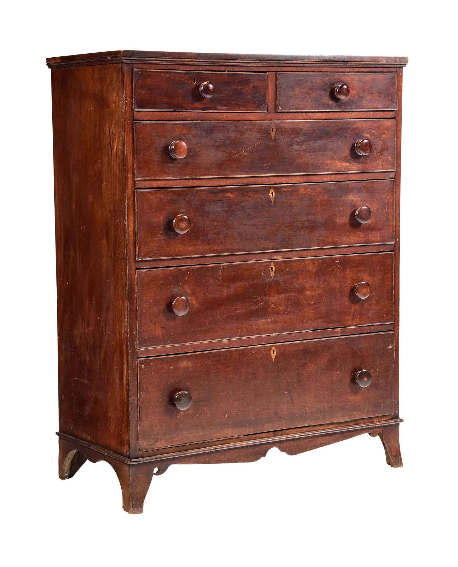 North Carolina Inlaid Cherry High Chest: probably Winston-Salem area, possibly Johann Friedrick Belo, early 19th century, early dry surface, diamond inlaid escutcheons, French feet with spurred returns, shaped apron, yellow pine secondary,