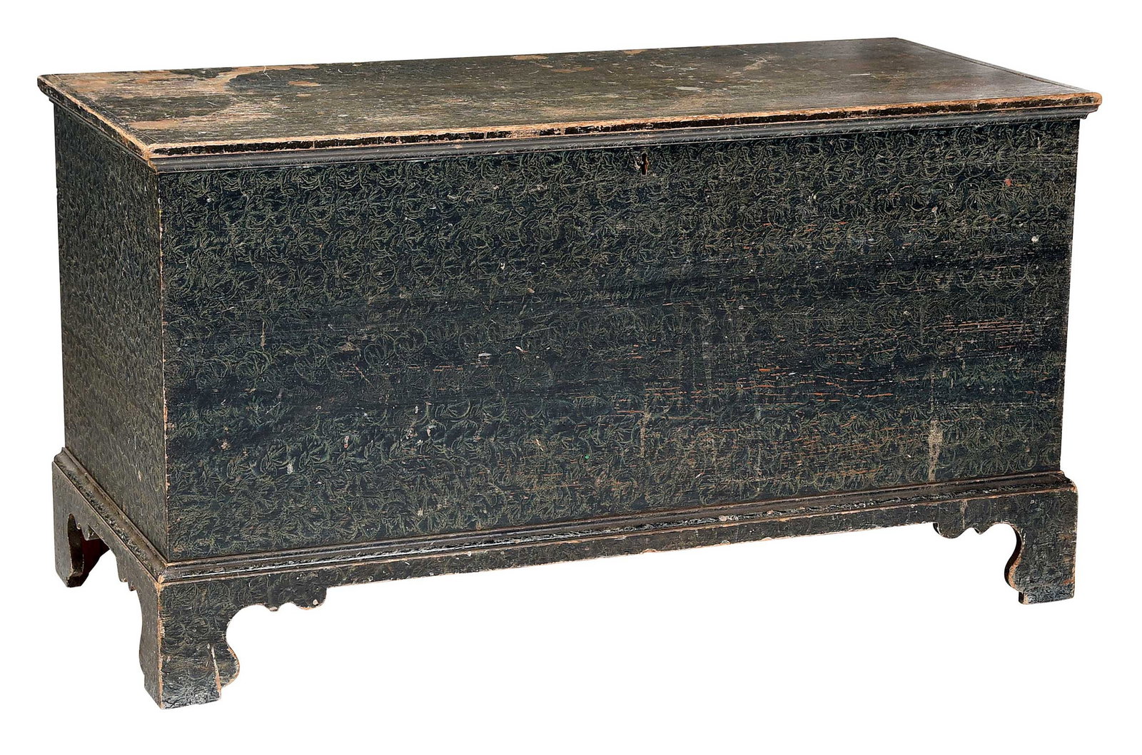 North Carolina Chippendale Blue Painted Yellow Pine Blanket Chest: late 18th/early 19th century, dovetailed construction, robust blue/green painted surface, till to proper right side interior, 27 x 49-1/2 x 22-1/2 in. Provenance: A Private North Carolina Collector