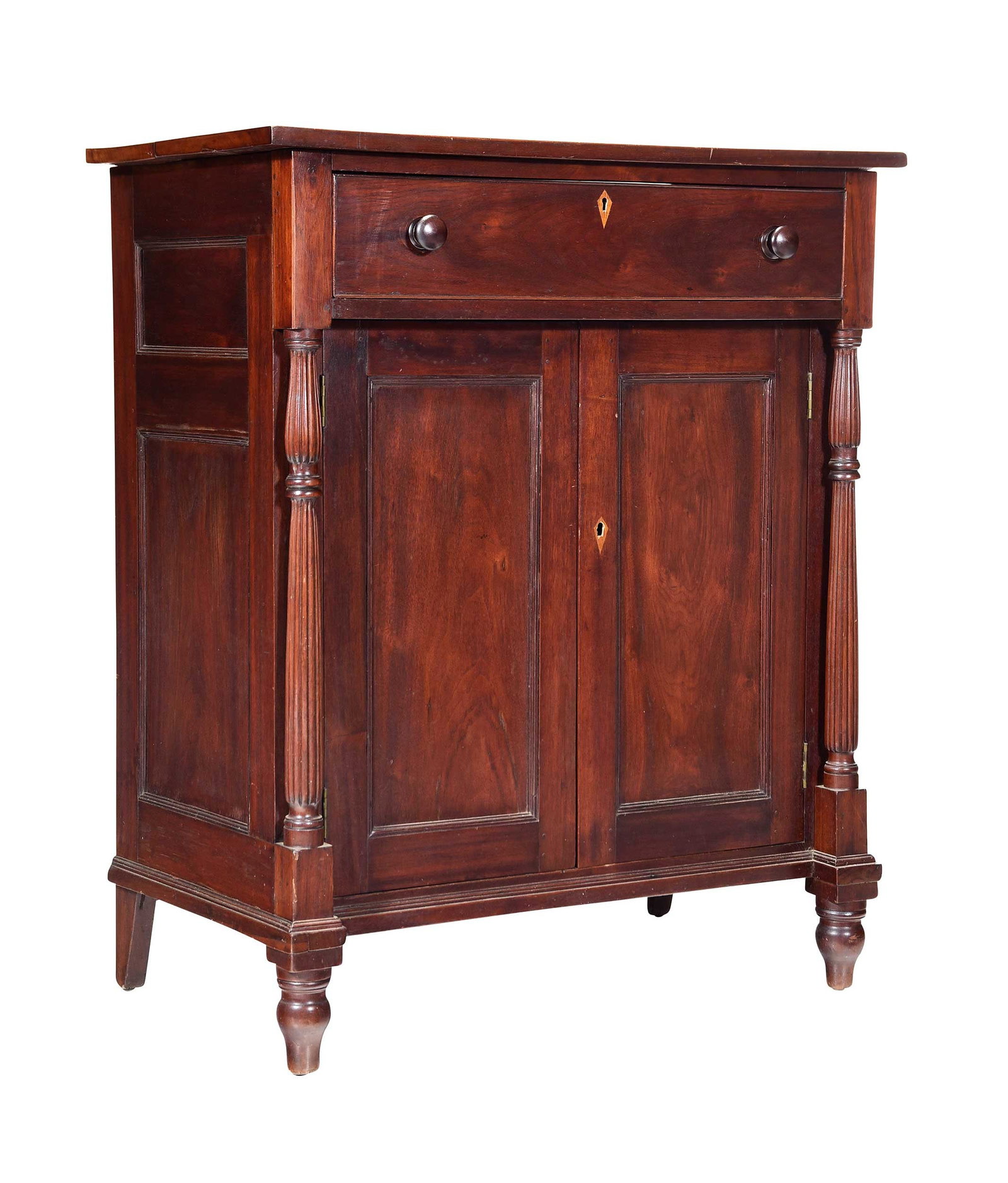 Tennessee Classical Inlaid and Carved Walnut Cupboard Press: attributed to Knox County, circa 1830, single drawer with kite inlaid escutcheon, paneled doors and sides, reeded round tapered columns, bulb feet, yellow pine secondary, 46 x 38-1/2 x 21-1/2 in.