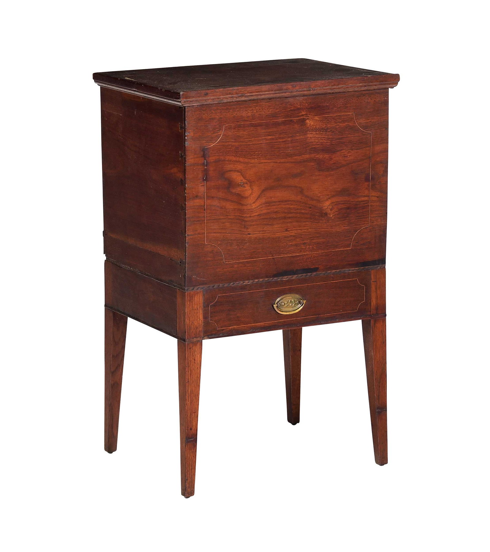 Southern Federal Inlaid Walnut Cellarette: late 18th/early 19th century, dovetailed construction, line and barberpole inlay, false drawer, walnut throughout, 29-1/2 x 18 x 14 in. Provenance: Private Collection, Texas