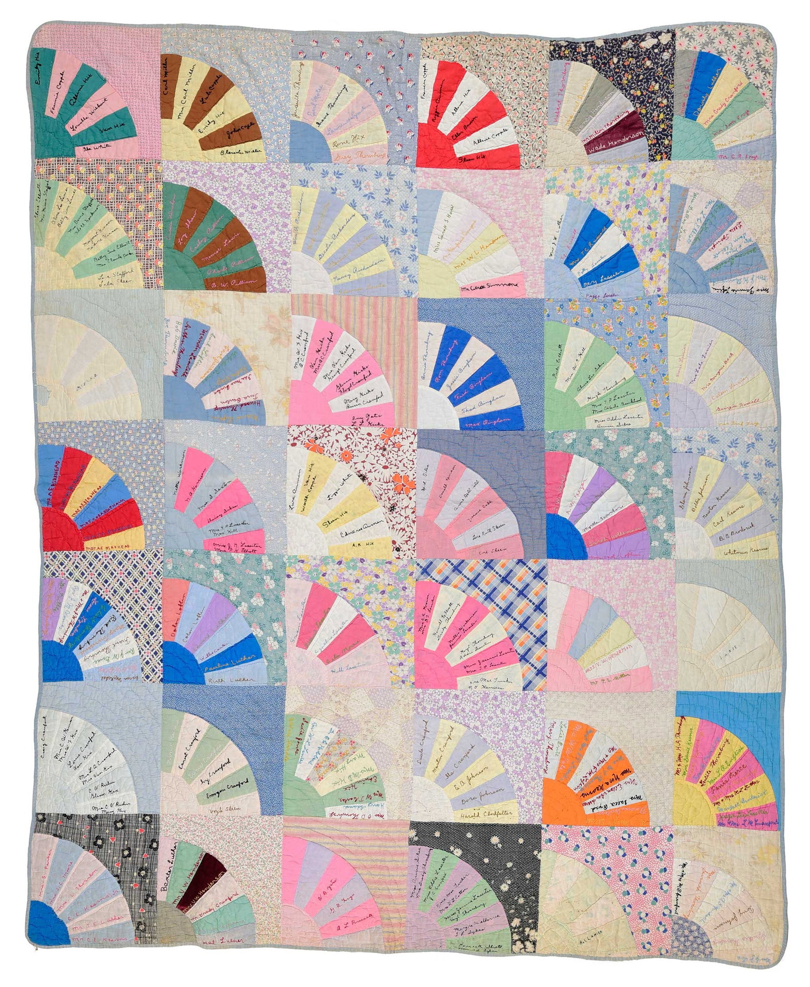 Southern Fan-Pattern Quilt with Numerous Signatures: possibly North Carolina, with approx. 300 hand-stitched names (possibly those of a congregation), 79-1/2 x 66-1/2 in. Provenance: Private North Carolina Collection