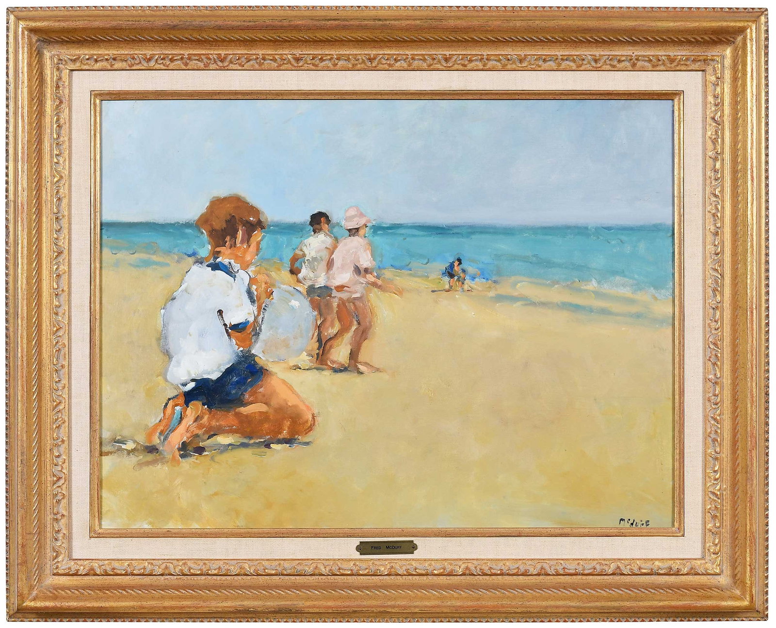 Frederick H. McDuff: (American/Alabama, 1931-2011) Children on the Beach, signed lower right "McDuff", oil on canvas, 18 x 24 in.; gilt wood frame, 25-3/8 x 31-3/8 x 2-1/4 in. Provenance: Wally Finlay Galleries, New
