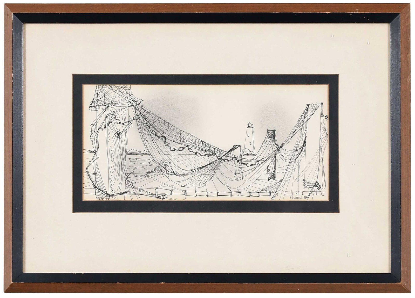 Claude Howell: (American/North Carolina, 1915-1977) Nets, Wilmington, NC, 1958, signed lower right "howell", ink and pencil on paper, sight 5-1/2 x 11-1/2 in.; wood frame, 13-1/2 x 19 in. Provenance: Property of
