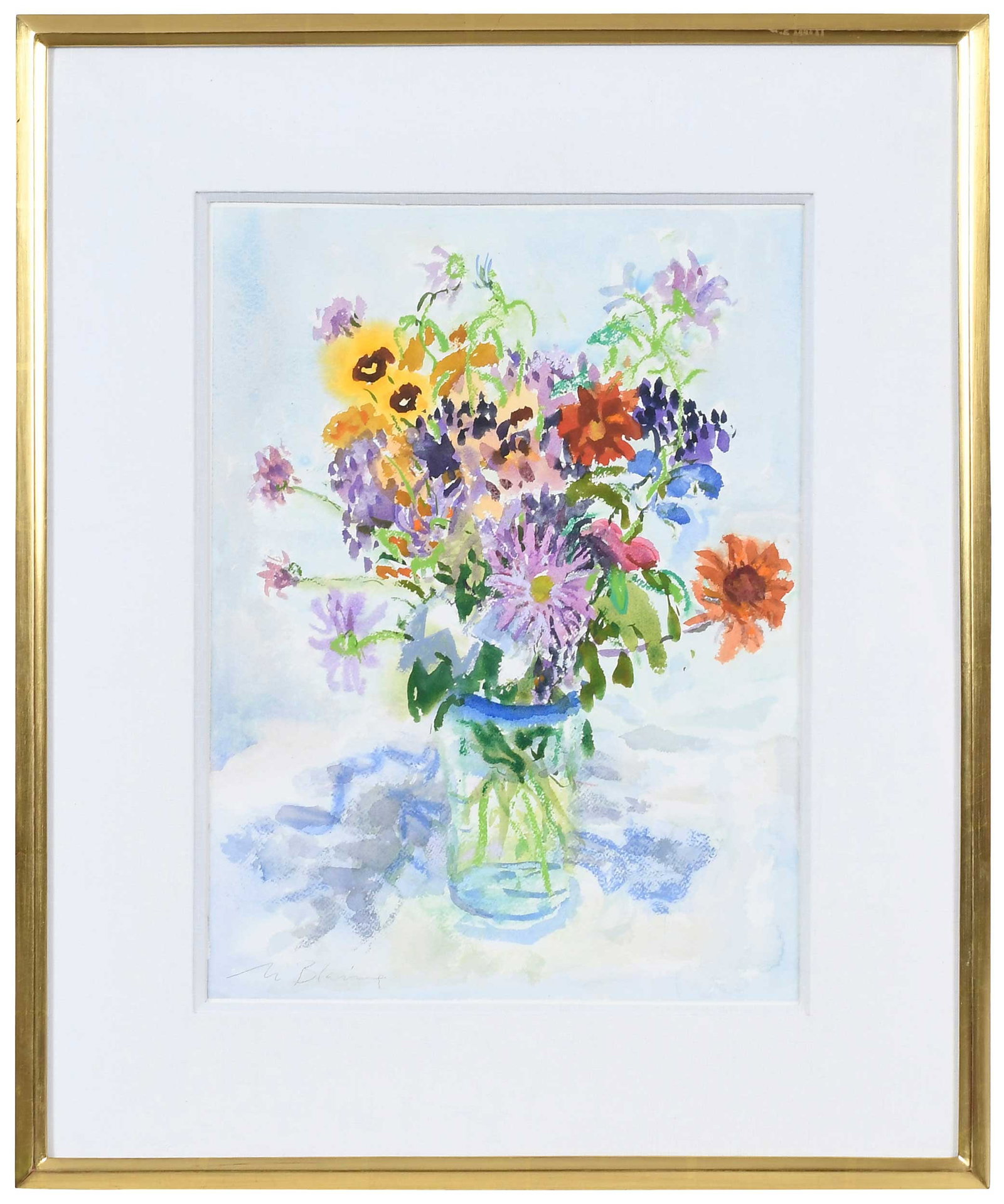 Nell Blaine: (American/Virginia, 1922-1996) Bouquet with First Asters, 1991, signed lower left "Nell Blaine", watercolor and pastel on paper, sight 16 x 12 in.; modern gilt wood frame, 23 x 19 in. Provenance: Prop