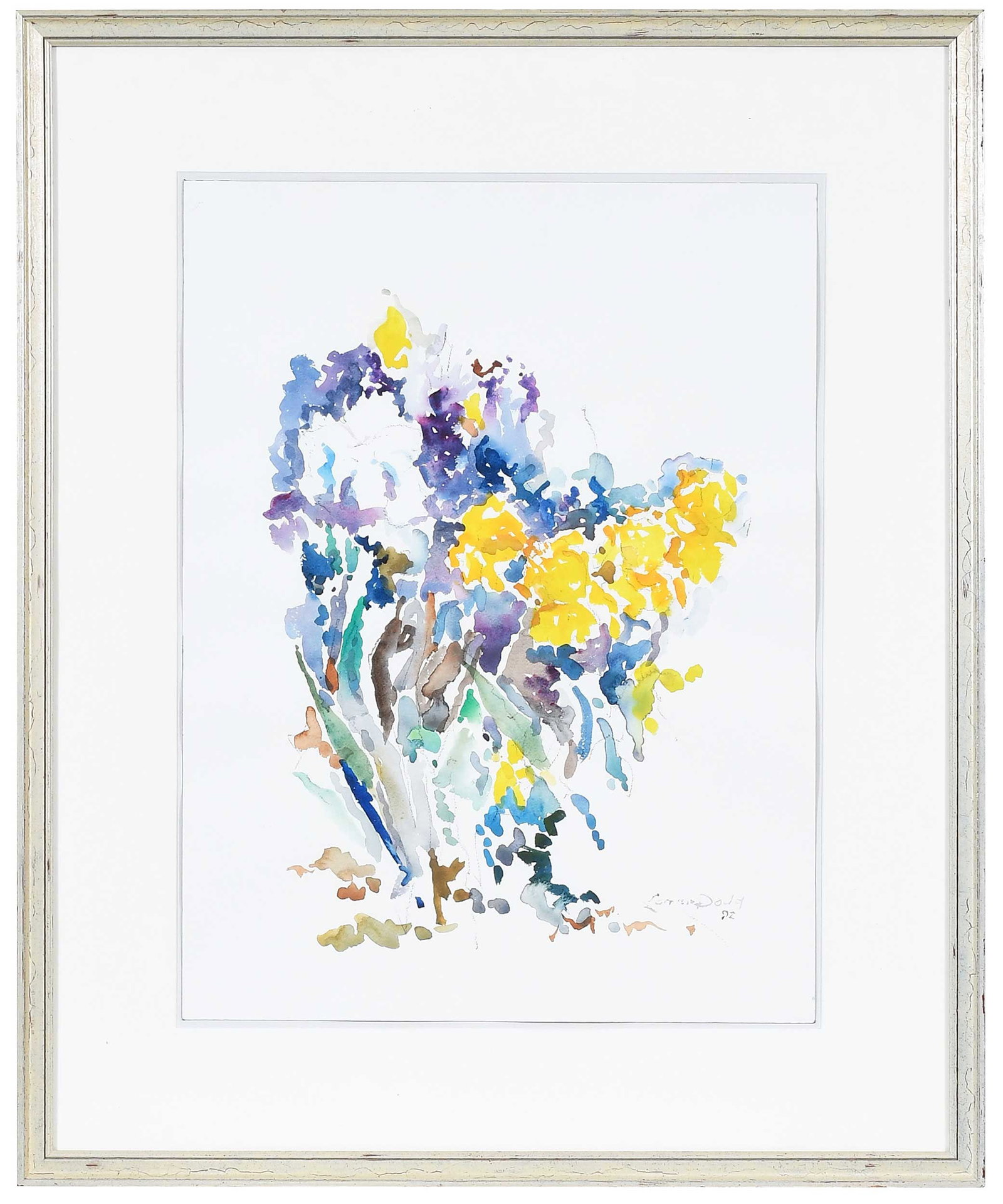 Lamar Dodd: (American/Georgia, 1909-1996) Irises, 1992, signed and dated lower right "Lamar Dodd 92", watercolor and charcoal on watercolor paper, sight, 24 x 18 in.; distressed painted wood frame, 33-1/2 x 27-5/