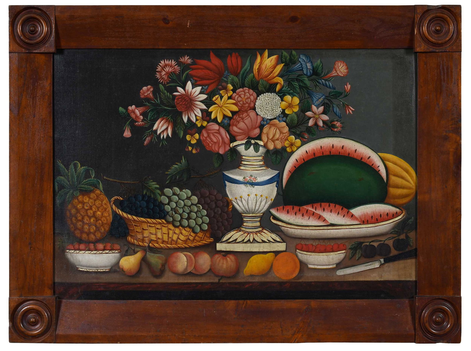 Folk Art Still life with Watermelon: (American/Virginia, early 19th Century) Still Life with Watermelon, not visibly signed, oil on canvas with gold painted accents, 26 x 37-1/2 in; walnut frame, original or period, 33-1/2 x 44-3/4 x 2