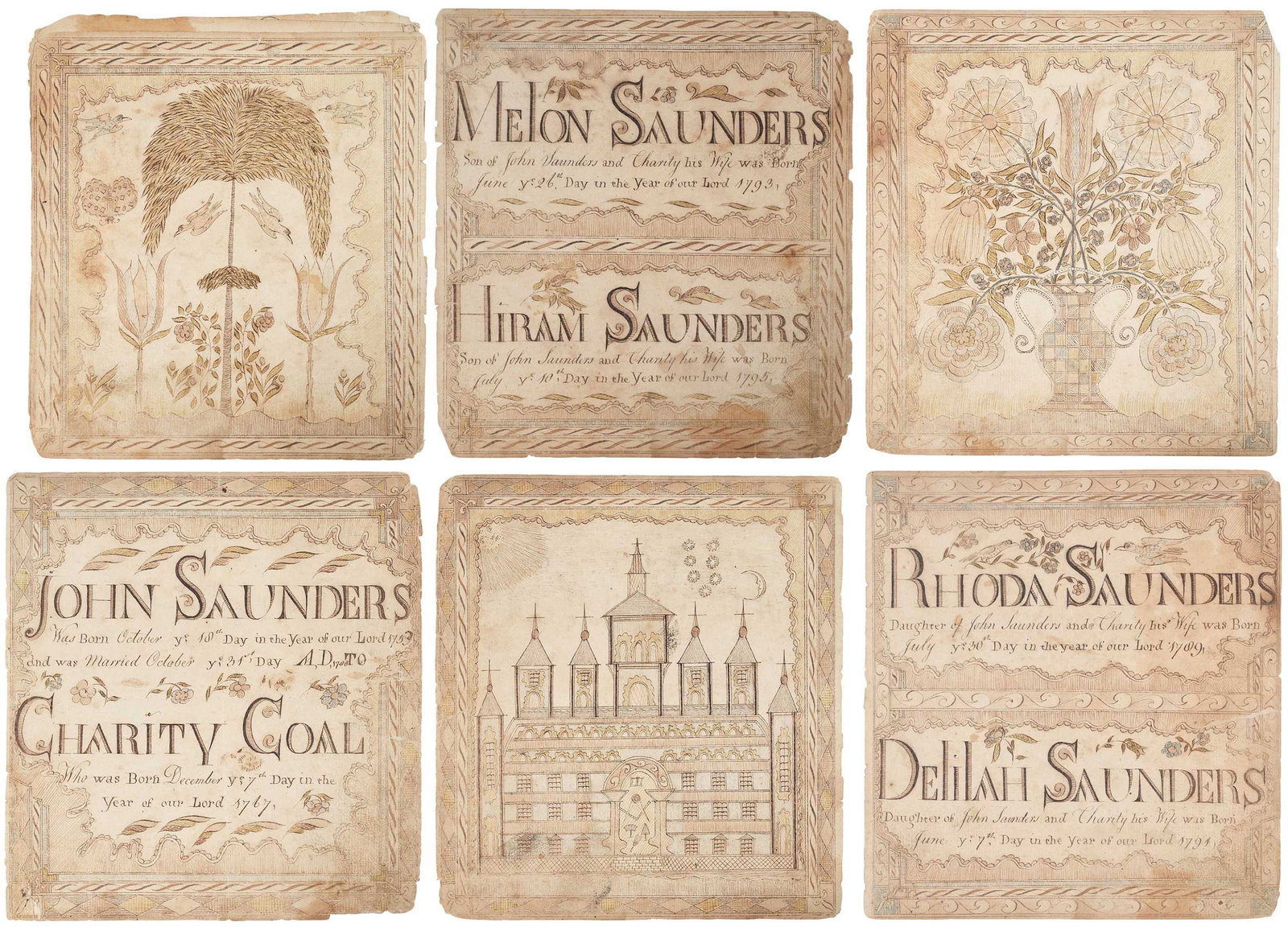 Six 18th Century Winchester Virginia Record Book Drawings, John Saunders Family: (American, late 18th/early 19th century) comprised of six illustrated pages and two undecorated multi-ply covers: "Saunders, Daughter, was Born July 30th, Day in the year of our Lord 1789", "Delilah