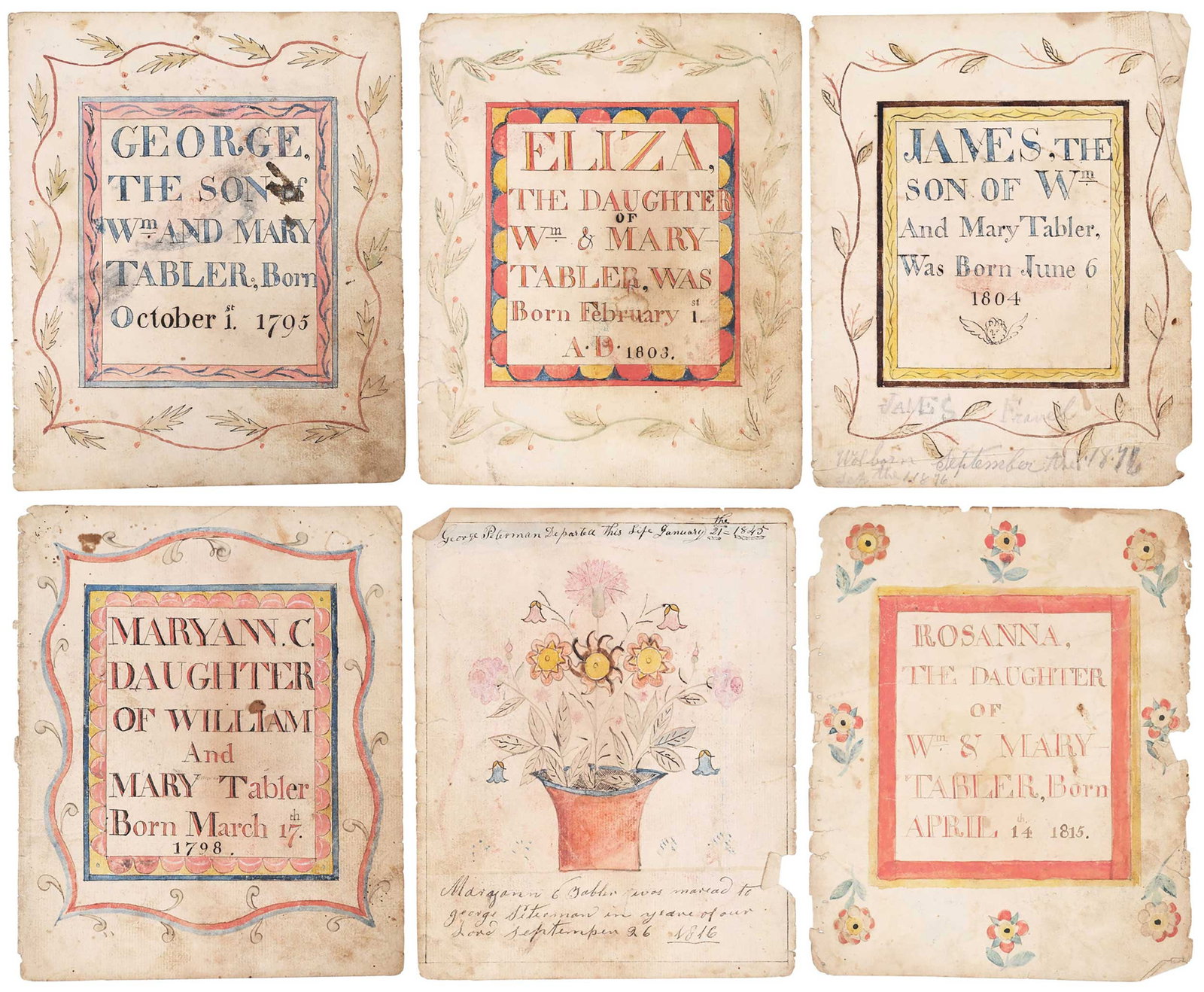 Nine 18th and 19th Century Virginia Record Book Drawings, Tabler Family: (American/Virginia, late 18th/early 19th century) all watercolor and ink on paper, Red Pot with Flowers, inscribed at top edge "George Peterman departed this life January the 21st 1845", inscribed at