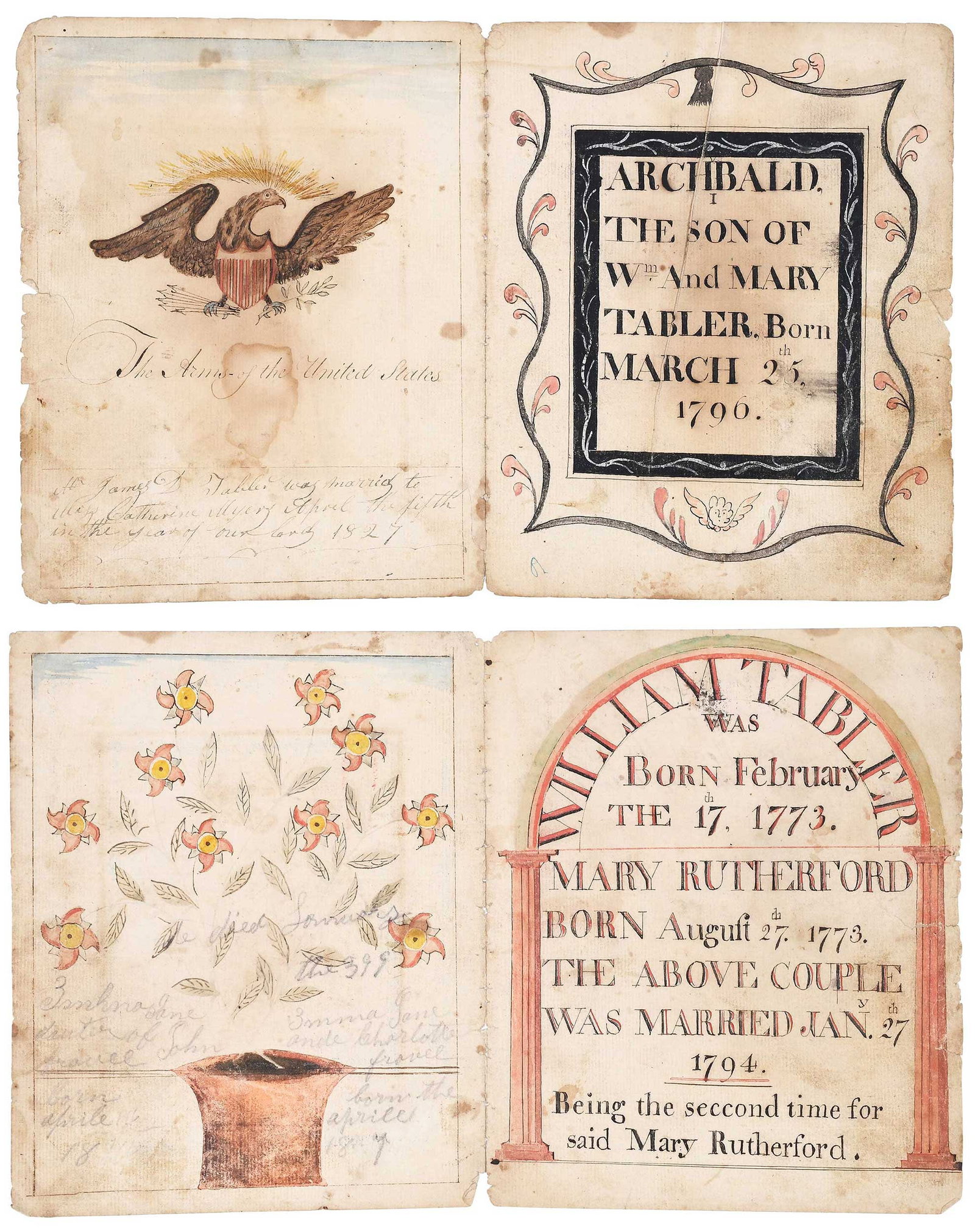 Two 18th Century Virginia Record Book Drawings, Tabler Family: (American/Virginia, late 18th early 19th century) Marriage Record for Mary Rutherford and William Tabler, inscribed right page "William Tabler was Born February the 17th 1773. Mary Rutherford born