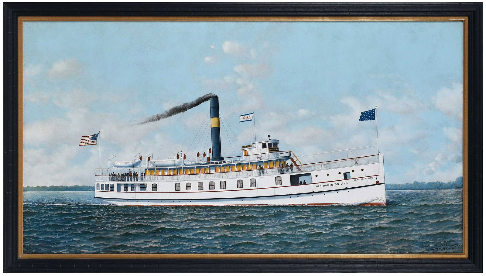Antonio Jacobsen: (Danish/America,1850-1921) Hampton Roads (Virginia), Old Dominion Steam Ship Company, 1907, signed and dated lower right "Antonio Jacobsen1907, West Hoboken NJ", oil on panel, 32 x 60 in.; dark finish