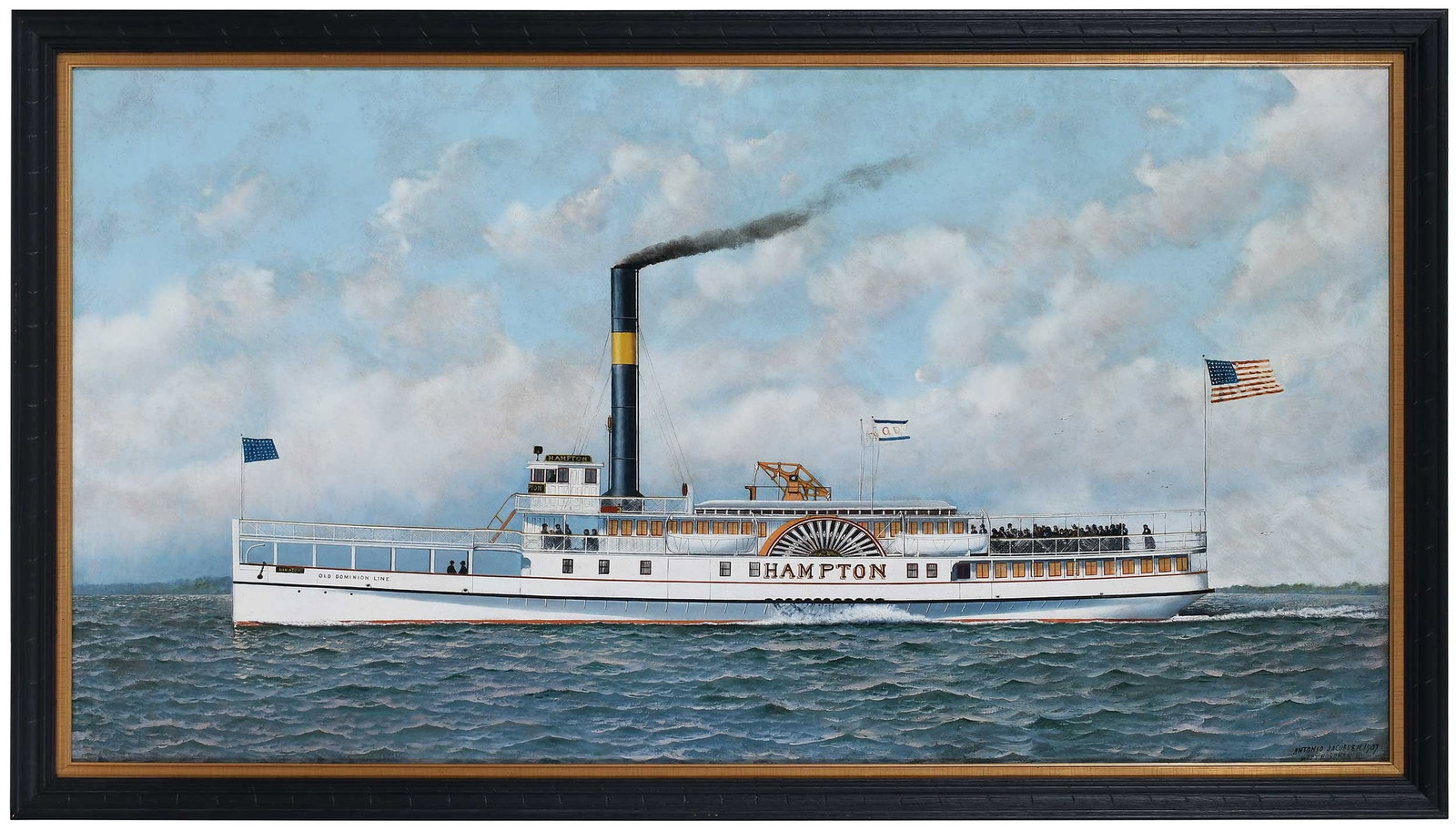 Antonio Jacobsen: (Danish/America,1850-1921) Hampton Roads (Virginia), Old Dominion Steam Ship Company, signed and dated lower right "Antonio Jacobsen 1907 West Hoboken NJ", oil on board 32 x 60 in.; 64-1/4 x 36 x 2 in