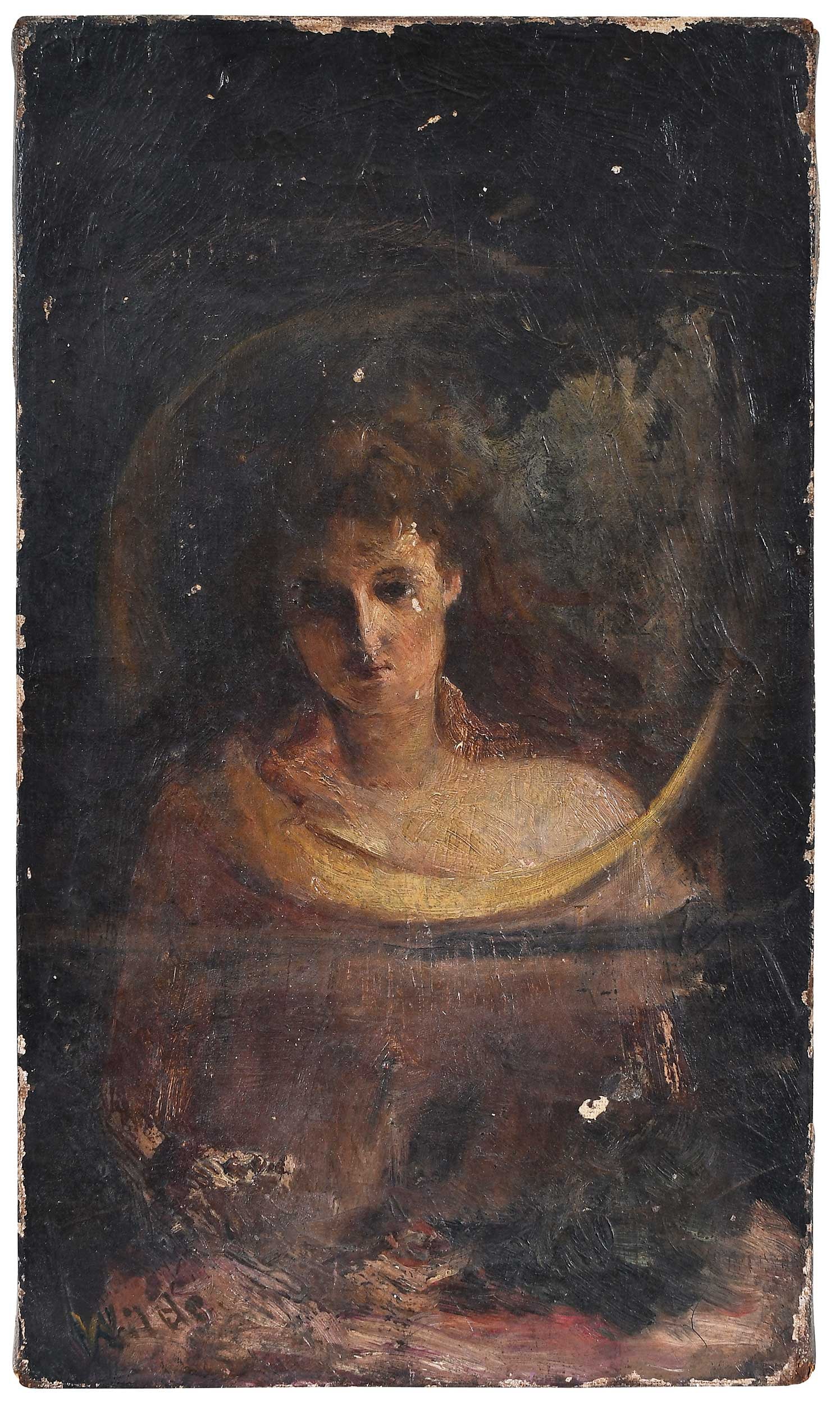 American School Allegorical Image: (19th/early 20th century) Looking through an orb, signed lower left "Wilde", F.W. Devoe & Co stamp verso, oil on canvas,12 x 7 in.; unframed Provenance: Collection of Dr. James Harkrader, Richmond,