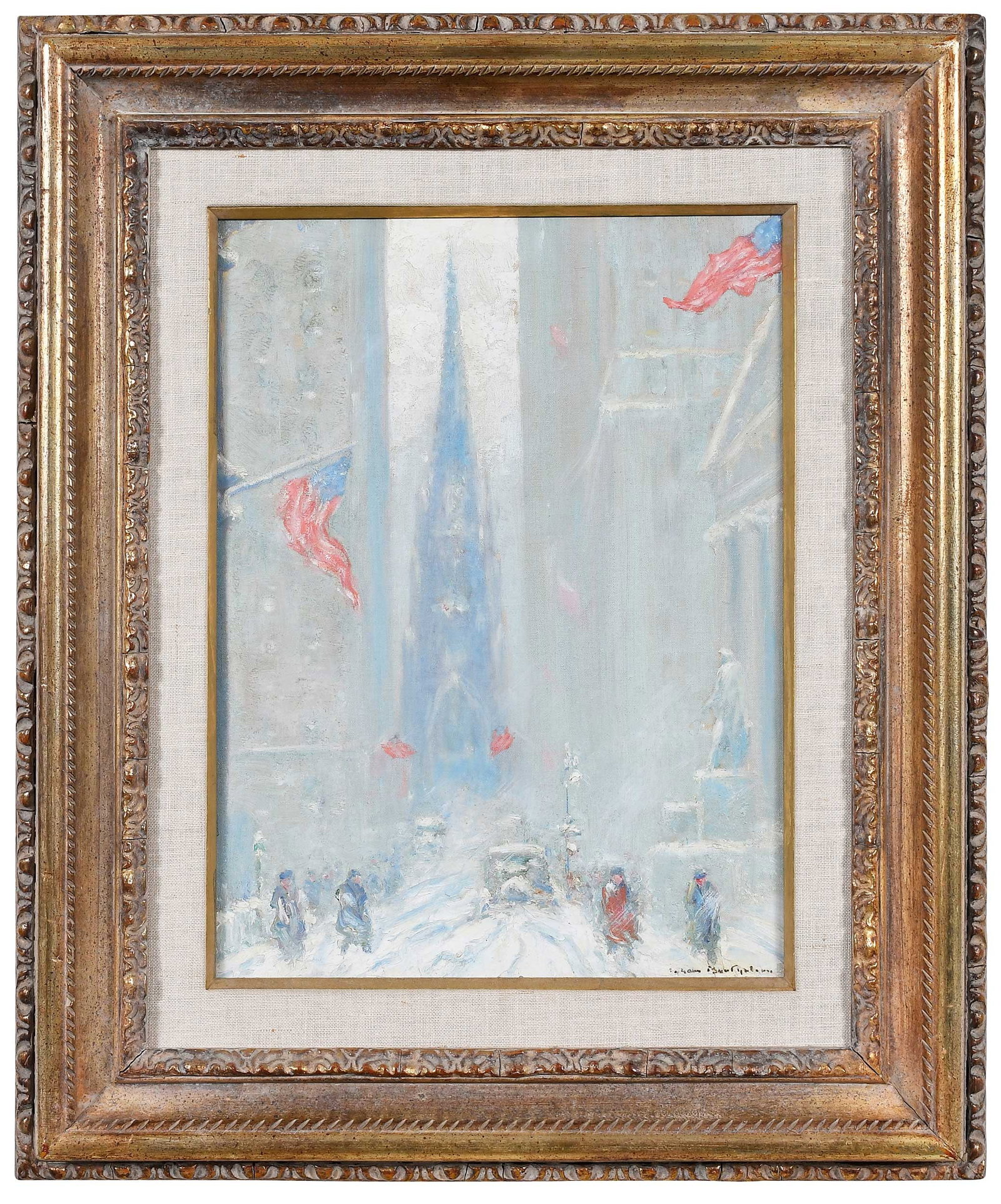 Johann Berthelsen: (Danish/America, 1883-1972) Trinity Church, Wall Street, signed lower right "Johann Berthelsen", oil on canvas 16-1/4 x 12-1/4 n.; reproduction gilt wood frame, 23-1/2 x 19-1/2 in. Provenance: Collect