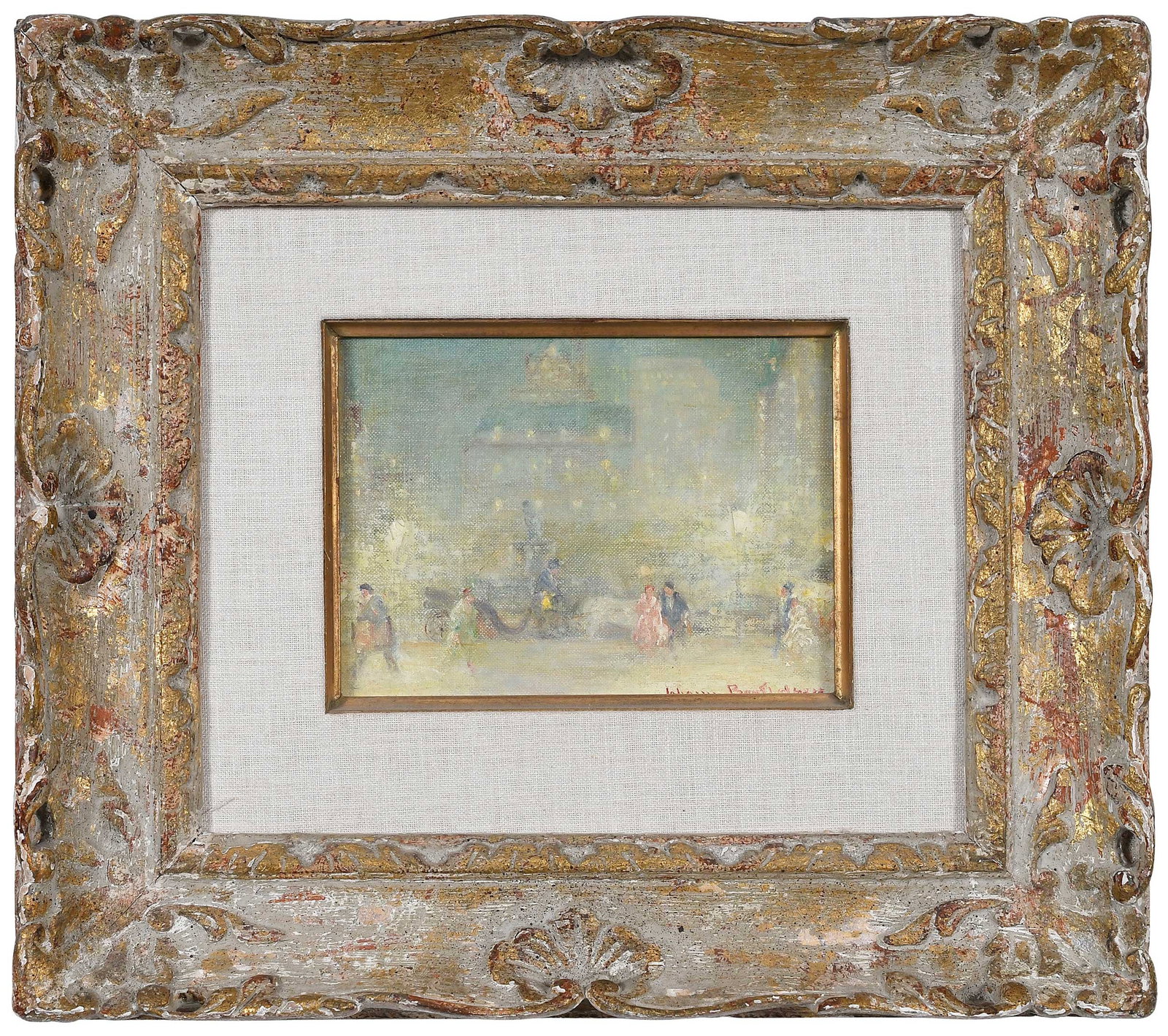 Johann Berthelsen: (Danish/America, 1883-1972) The Plaza, Nocturn, signed lower right "Johann Berthelsen", artist stamp verso, inscribed verso "The Plaza, Nocturn, New York, NY", oil on prepared canvas board, 6 x 8 in.;