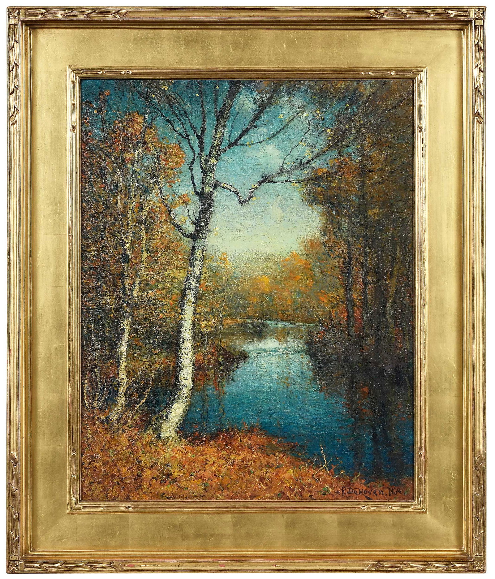 Franklin DeHaven: (American, 1856-1934) Trout Stream, signed lower right "F. DeHaven NA", labeled verso with title, oil on canvas, 25 x 20 in.; fine carved gilt wood frame, 32-3/4 x 28 in. Provenance: Collection of