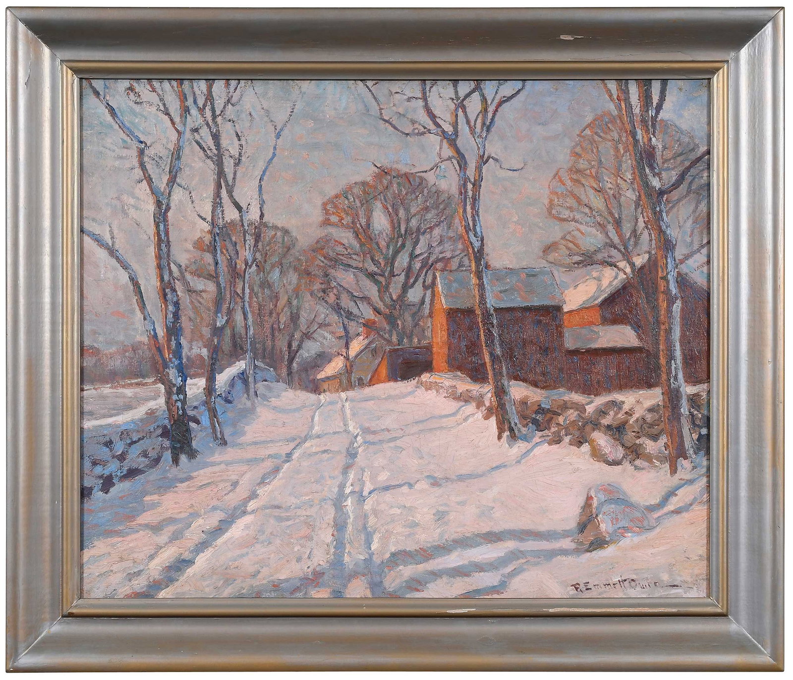 Robert Emmett Owen: (American, 1878-1957) The Magic Hour, signed lower right "R. Emmett Owen", oil on canvas, 25 x 30 in.; silver finished carved wood frame, 31 x 36 x 2 in. Provenance: Collection of Dr. James