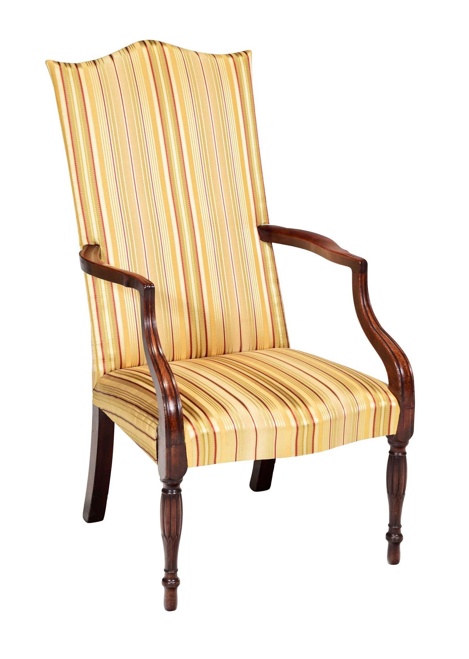 Massachusetts Federal Carved Mahogany Lolling Chair: Possibly Salem, 1795-1810, with shaped curving arms, serpentine rail, reeded and waterleaf carved turned front legs, 44-3/4 x 24-1/2 x 24 in. Provenance: Leland Little Auctions, Hillsborough, NC,
