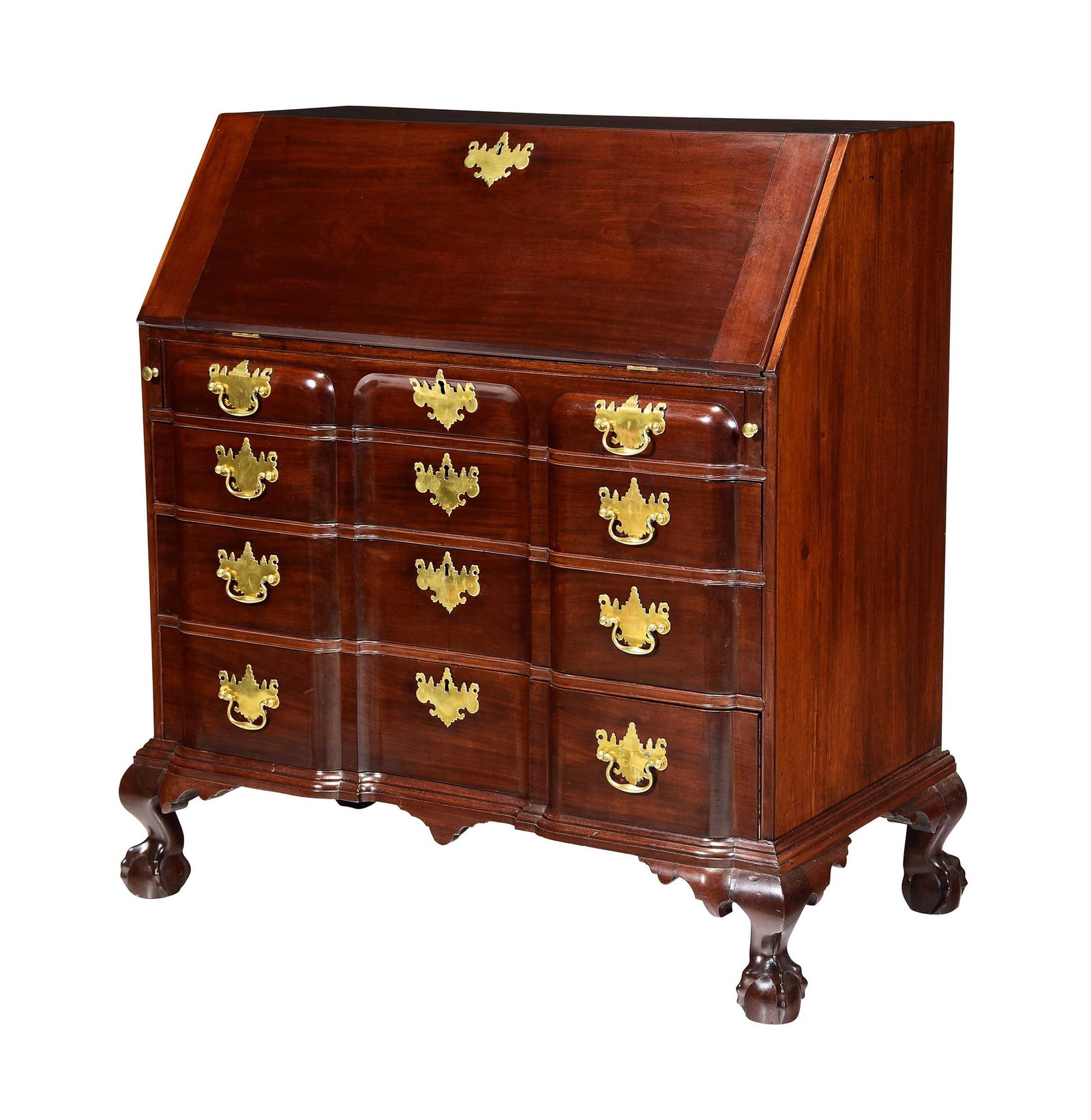 Massachusetts Chippendale Mahogany Block-Front Slant Lid Desk: possibly Ipswich, three-shell stepped interior, circa 1760-1780, 43-3/4 x 43 x 23 in. Provenance: Skinner, Boston, Massachusetts, November 2, 2019, lot 204; the Delany Collection of American Furniture