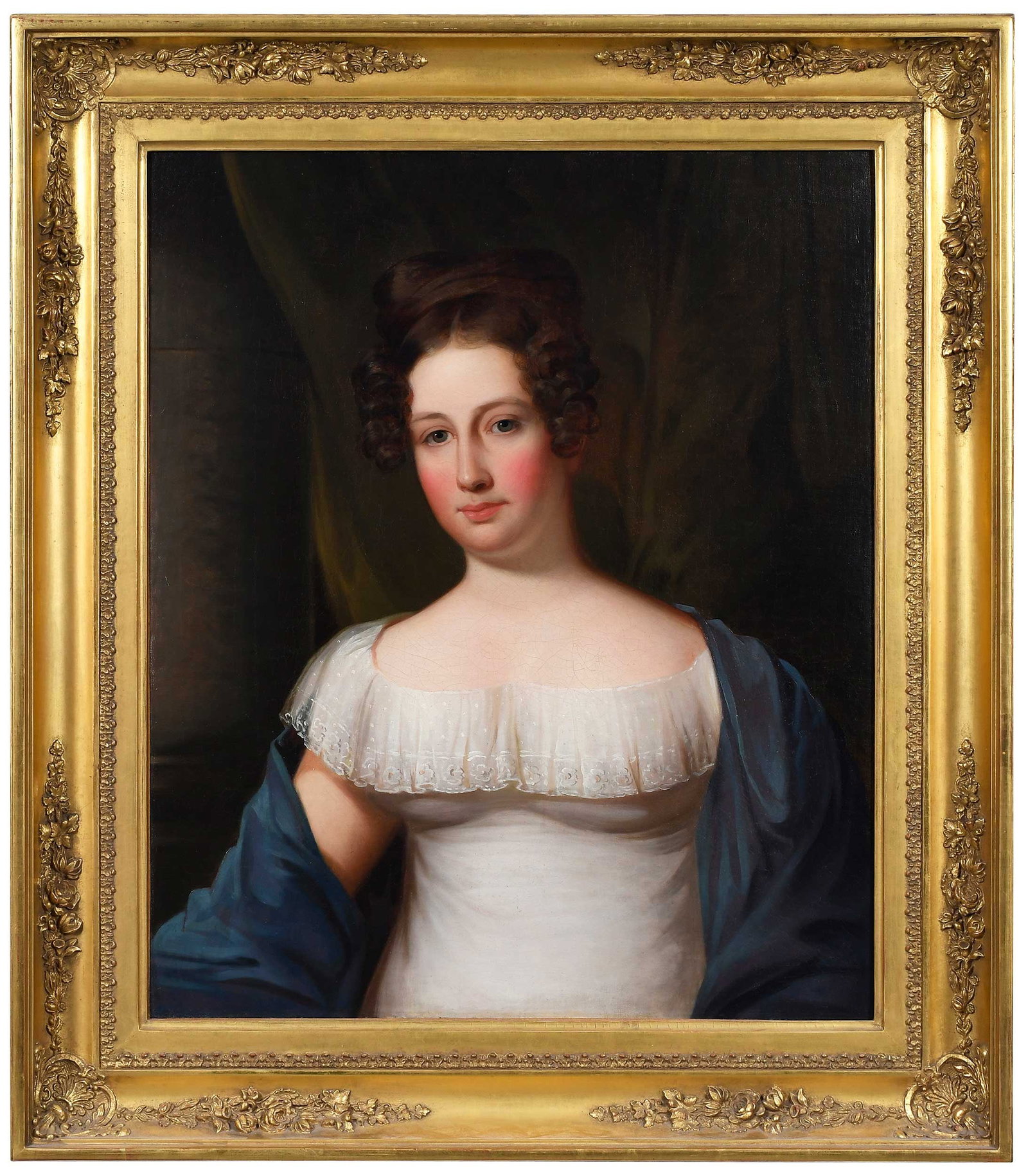 Jacob Eichholtz: (American, 1776 -1842) Portrait of Miss Lawrence Lewis, originally signed verso, "Eichholtz", (facsimile of original signature attached verso by conservator),oil on canvas, 30 x 25 in.; fine period