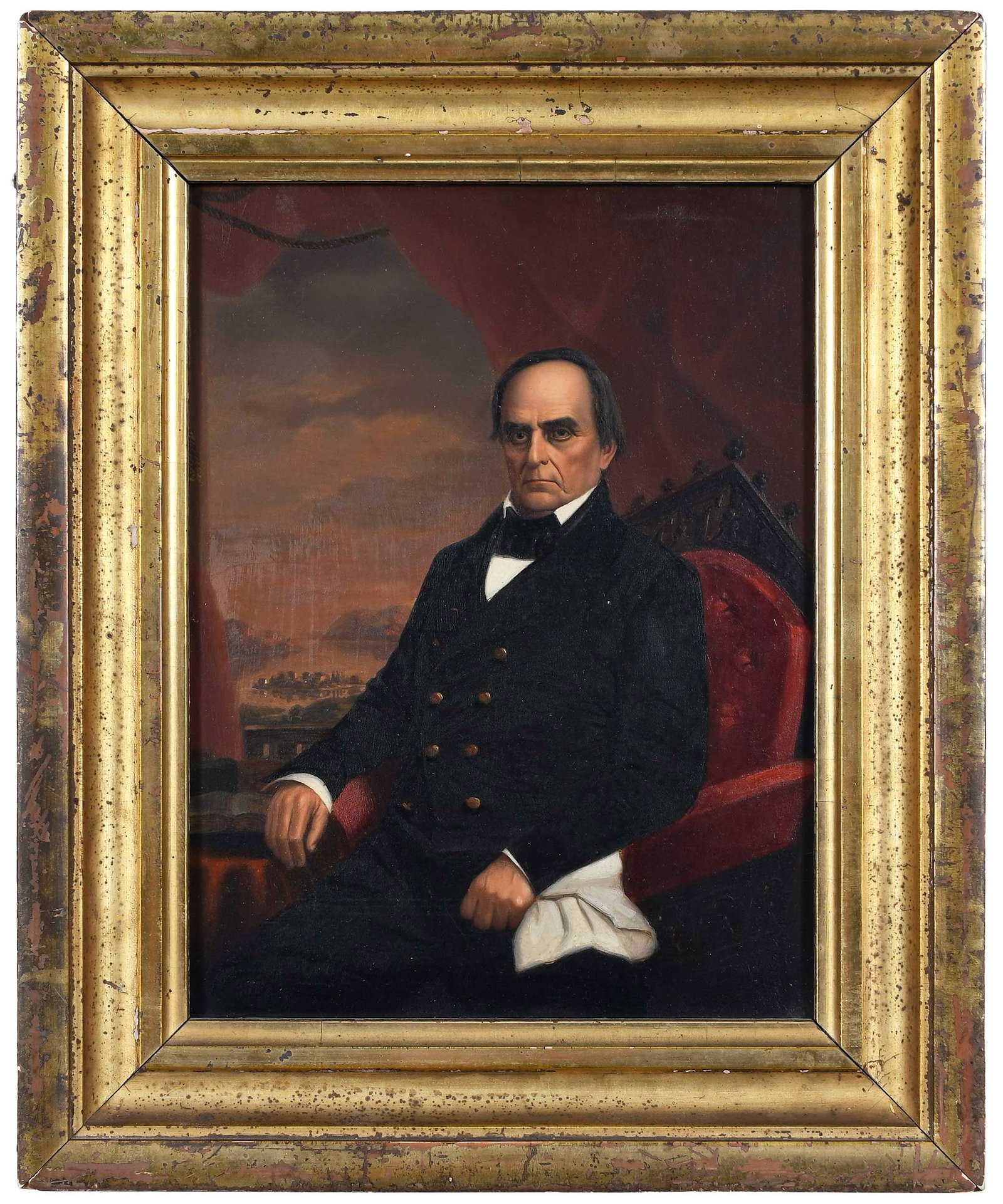 Portrait of Daniel Webster: (American School, mid 19th century) seated in front of a distant panorama, unsigned, oil on board, 8-1/2 x 6-1/4 in.; period gilt wood frame, 11-1/8 x 9 x 1-1/8 in. Provenance: Christie's, New York,