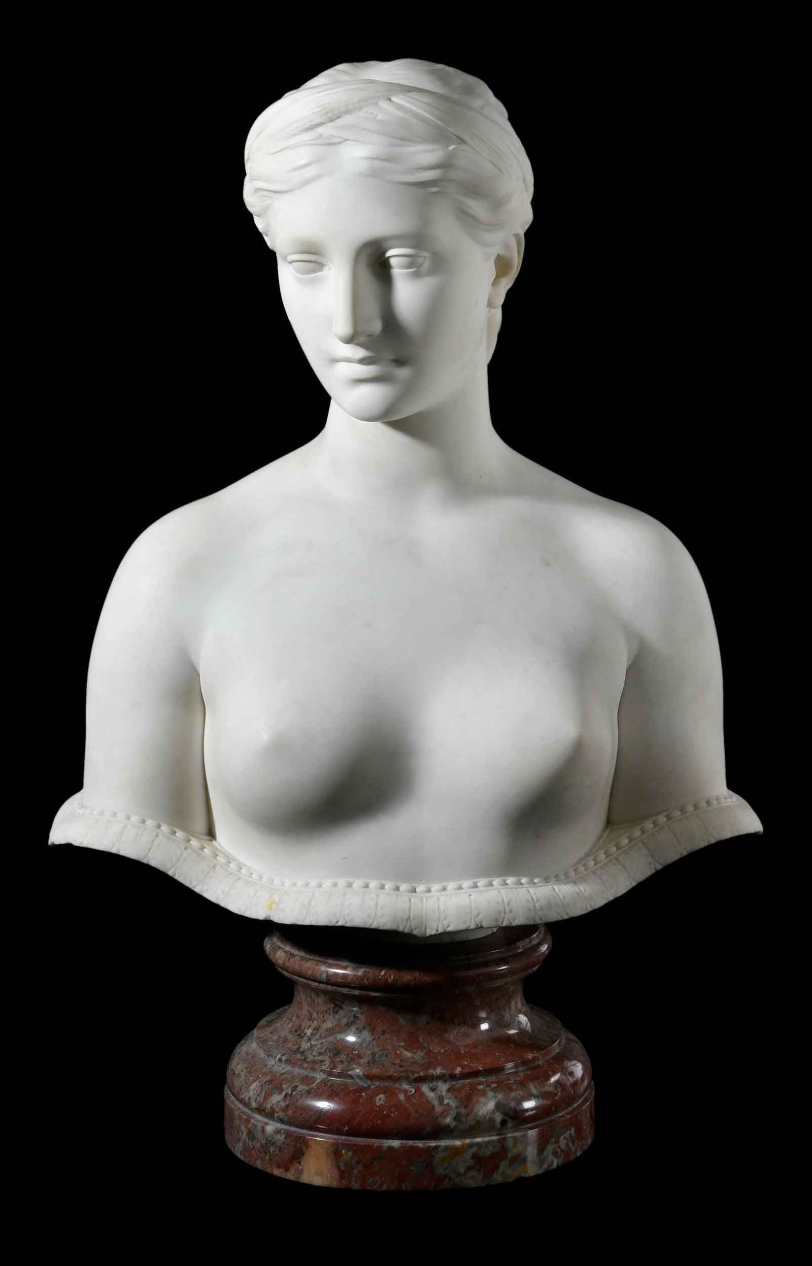 Hiram Powers: (American, 1805-1873) Proserpine, 3rd version with the classical bead and stylized repeating leaf border, circa 1849, signed underside "H. Powers/Sculp", white marble 22-1/2 x 18-1/2 x 9 in., on a