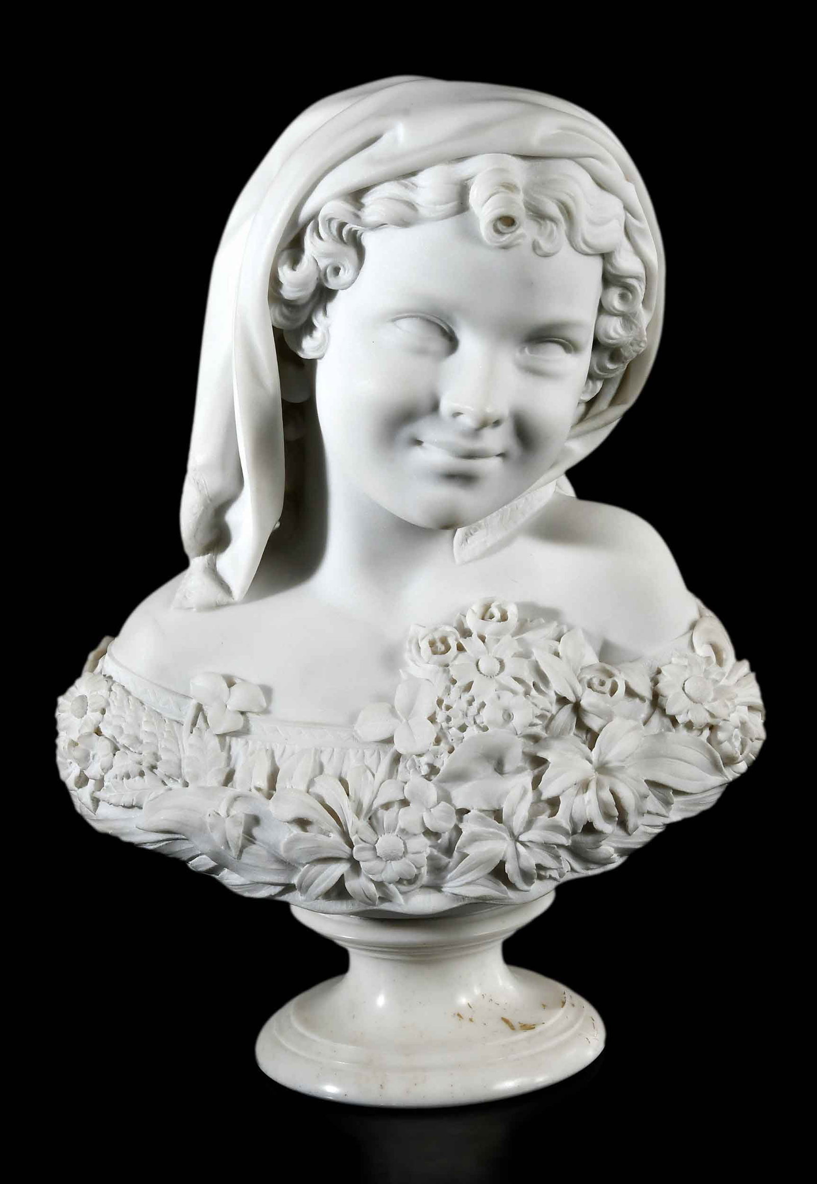 Thomas Ball, Sunshine: (Massachusetts/New Jersey, 1819-1911) A young girl wreathed in flowers and smiling, 1872, signed on back "T. Ball 1872", carved white marble, 19-1/2 x 14 x 8-1/4 in. Provenance: Property of the