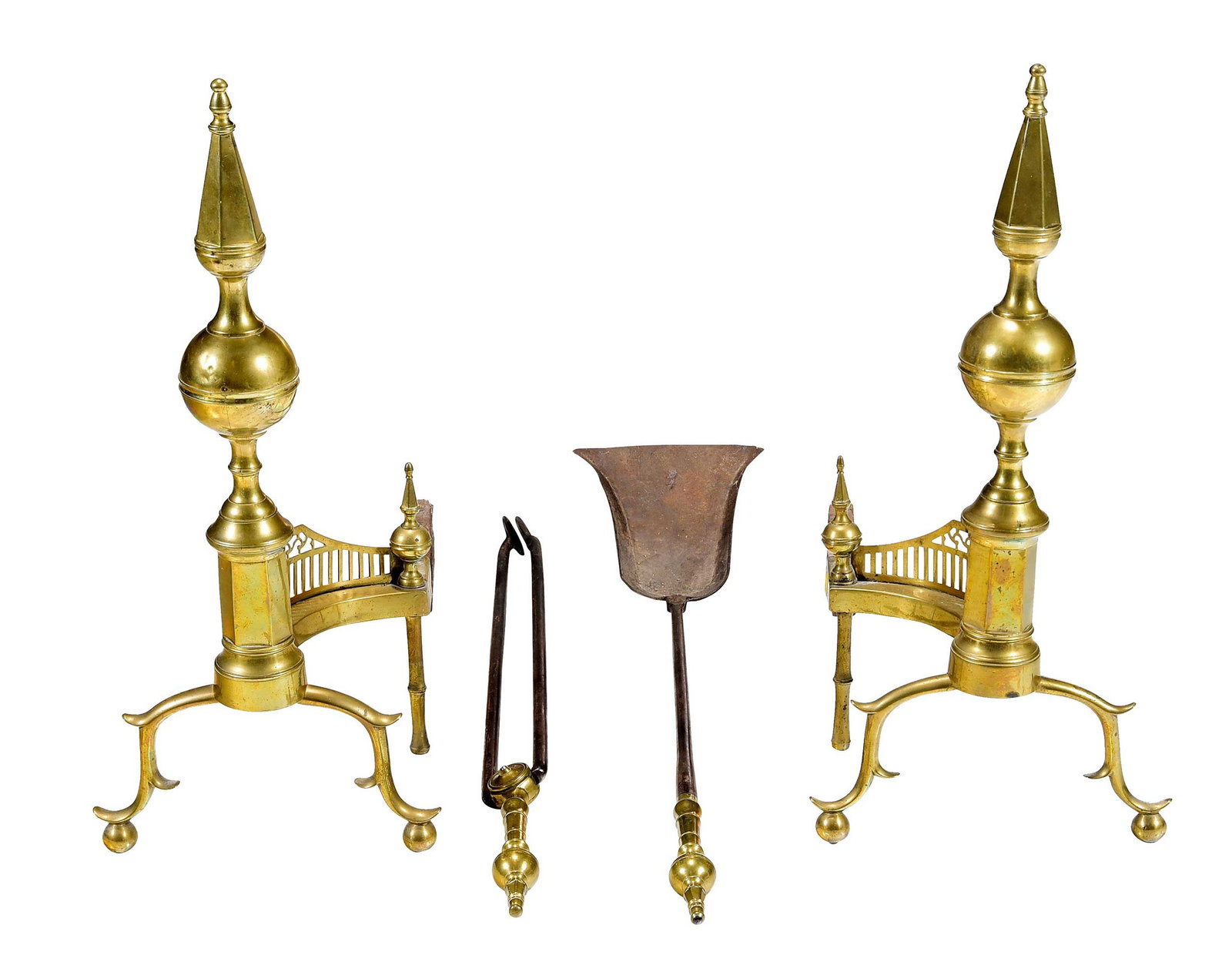 Pair I. Edwards Signed New York Federal Steeple Top Brass Andirons & Fire Tools (1 of 4)